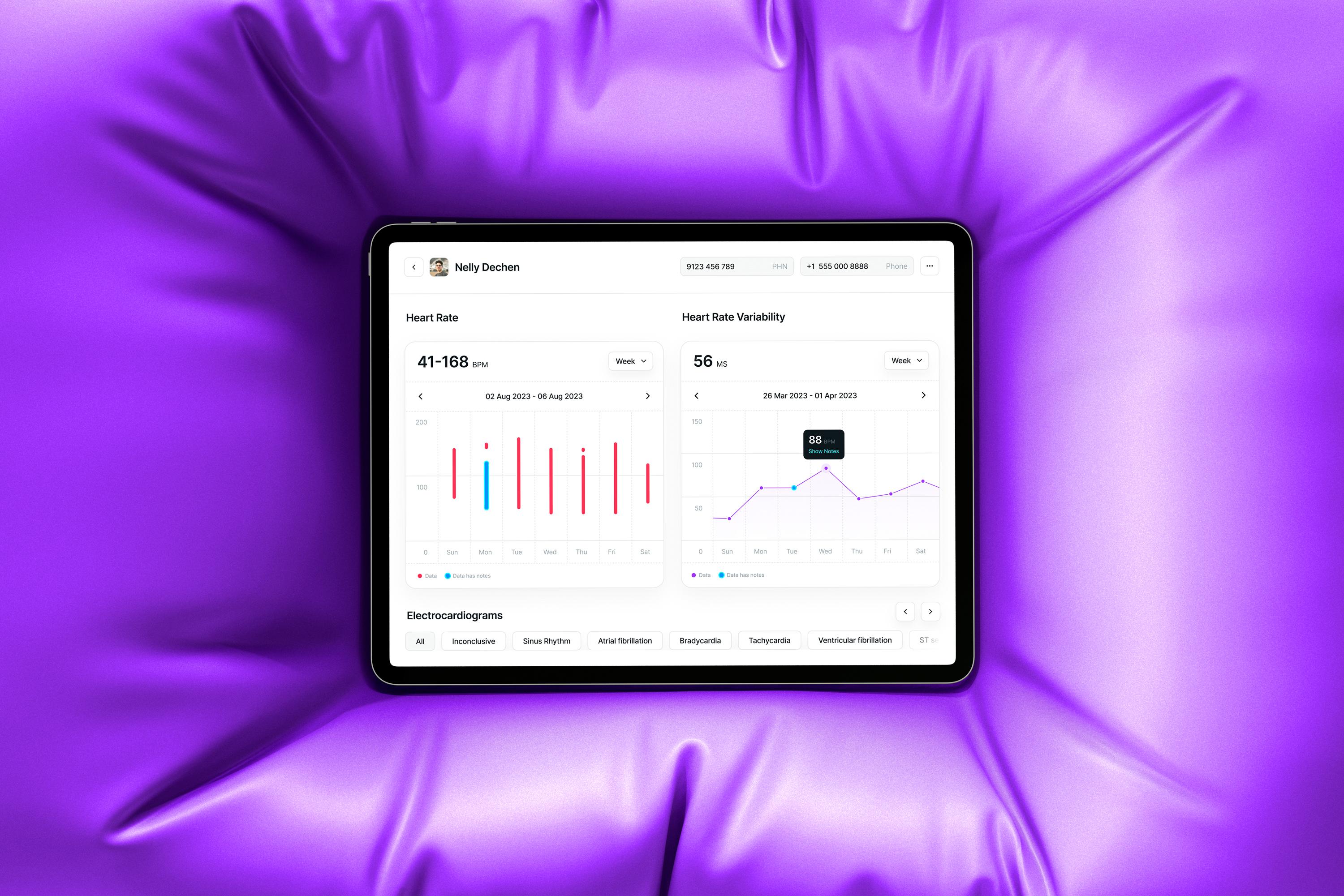 Tablet dashboard mockup showing charts and metrics on a glossy purple cushion background.