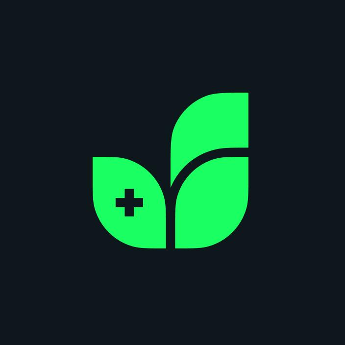 Pulsia logo mark in bright green on a dark background, combining a leaf shape with a medical cross symbol.