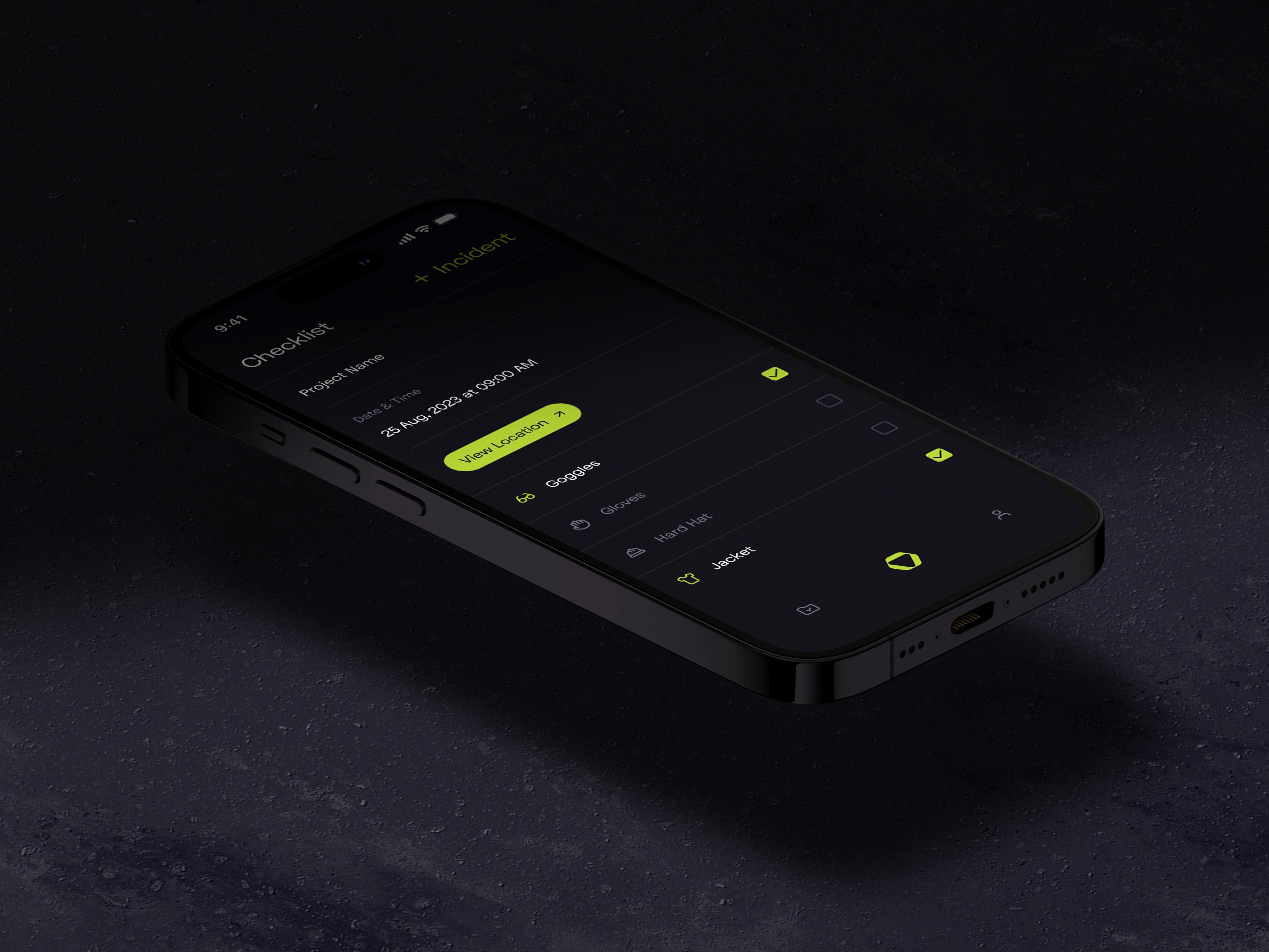 Dark smartphone mockup showing a sleek mobile app interface with bright green accents on a textured black background.