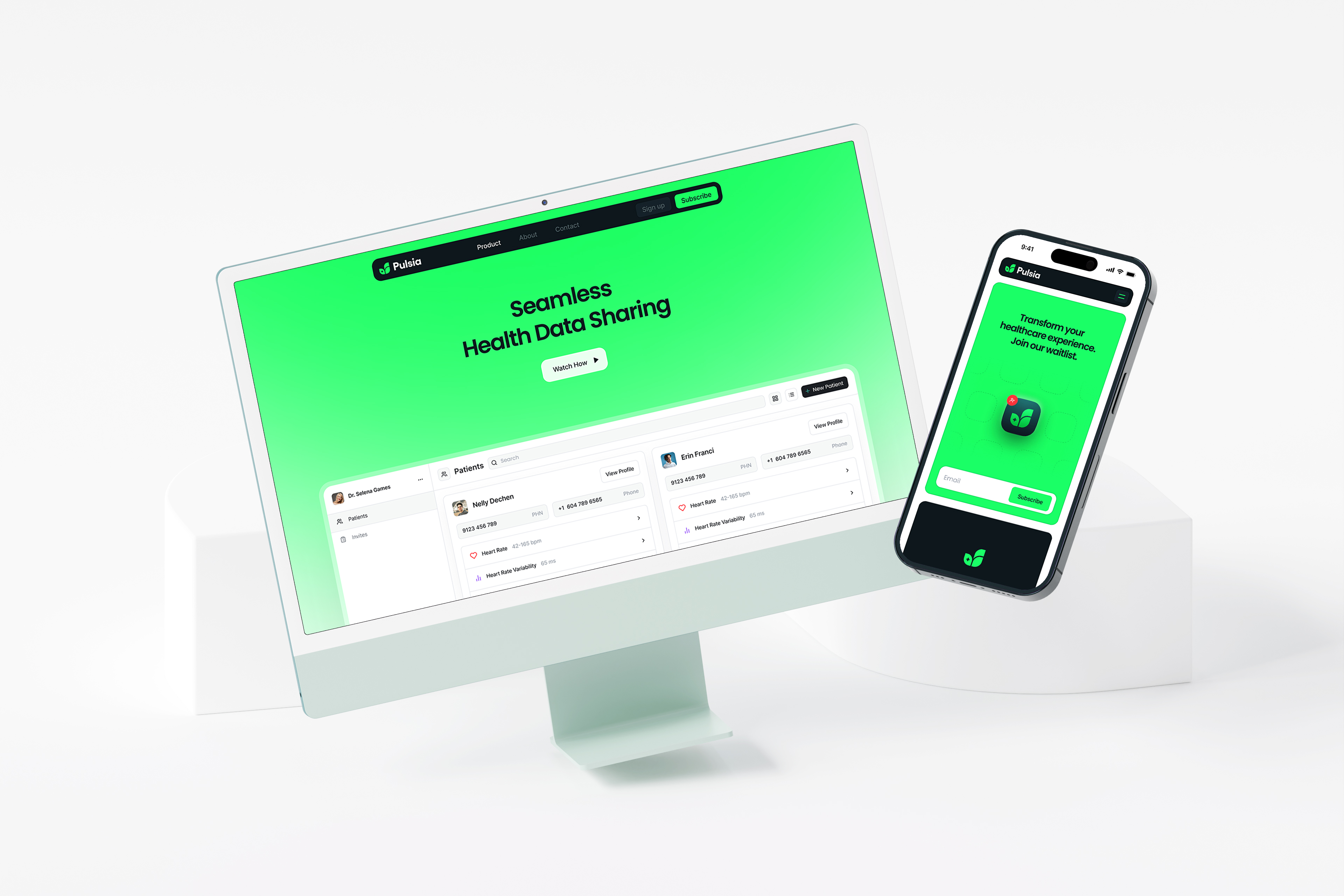 Pulsia web and mobile product mockup showing a healthcare dashboard on desktop and a matching mobile screen with bright green branding.