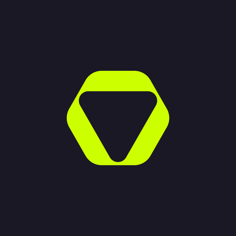 Bright neon yellow hexagonal logo with an inverted triangle shape in the center, representing a modern and bold design.