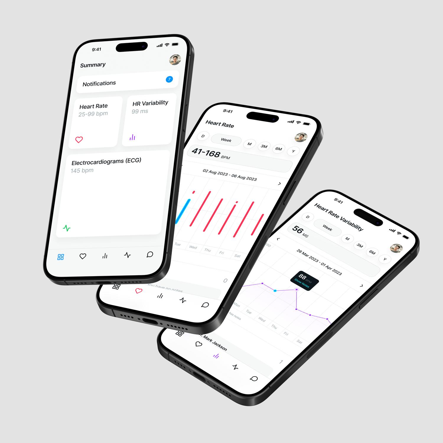 Health tracking app on mobile devices displaying heart rate, HR variability, and ECG data with interactive graphs and summary notifications.