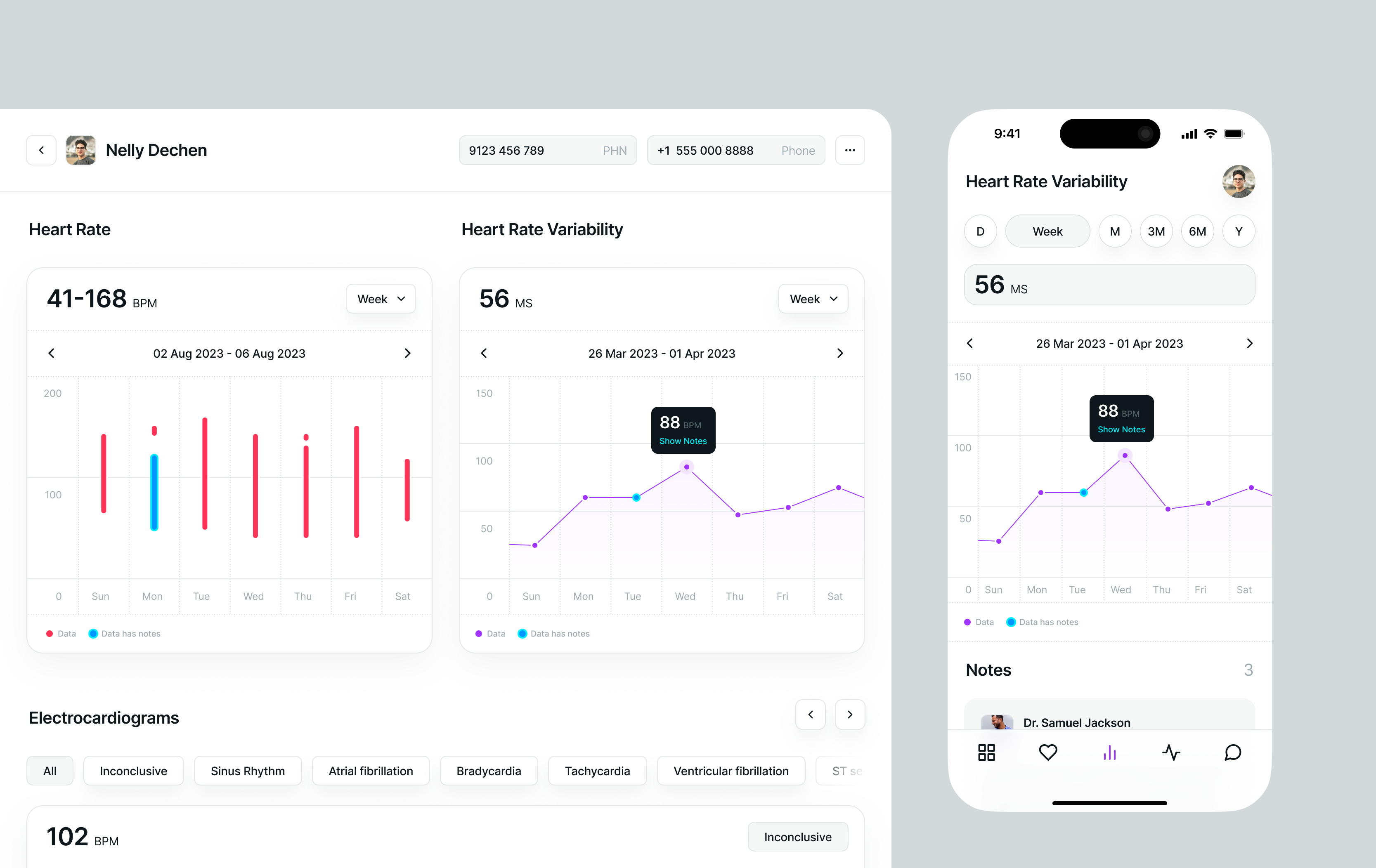 Pulsia health platform on mobile and desktop, showing color, type, spacing, and elevation tokens applied consistently across two form factors from the same token source.
