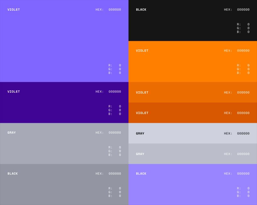 Color palette grid showing violet, black, orange, gray, and lavender swatches with HEX and RGB value labels, used as a visual example of design tokens for consistent color naming across a design system.
