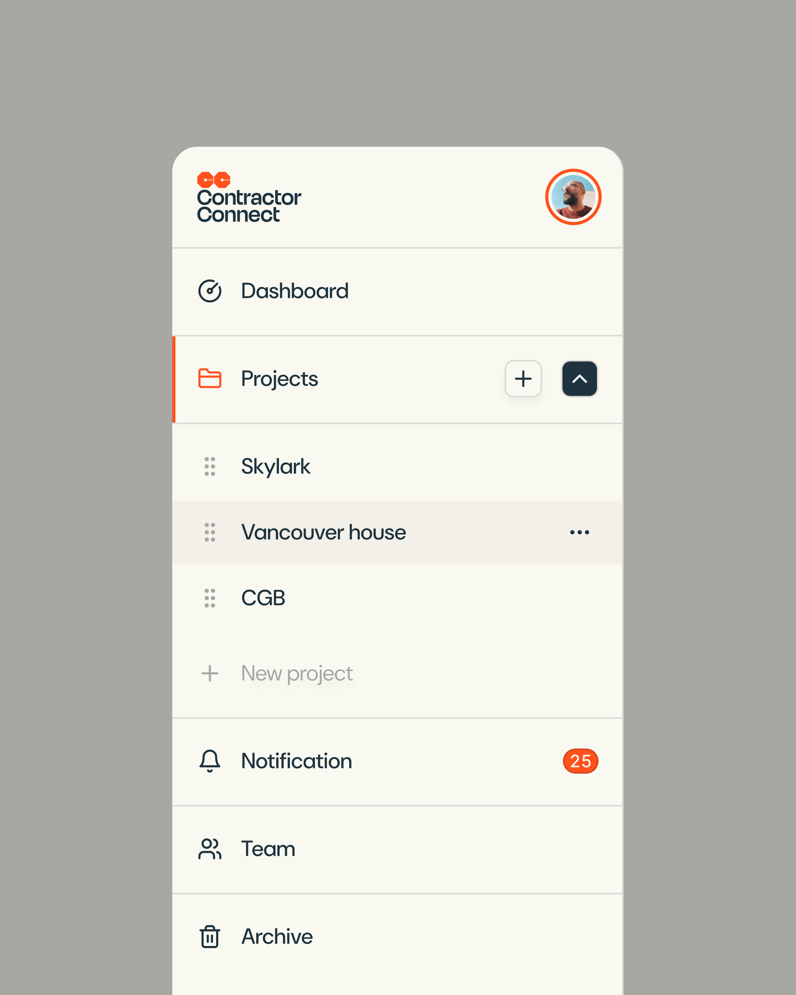 Contractor Connect dashboard interface built from a shared component model that served both the web product and the iOS app, with platform conventions applied at the variant layer.