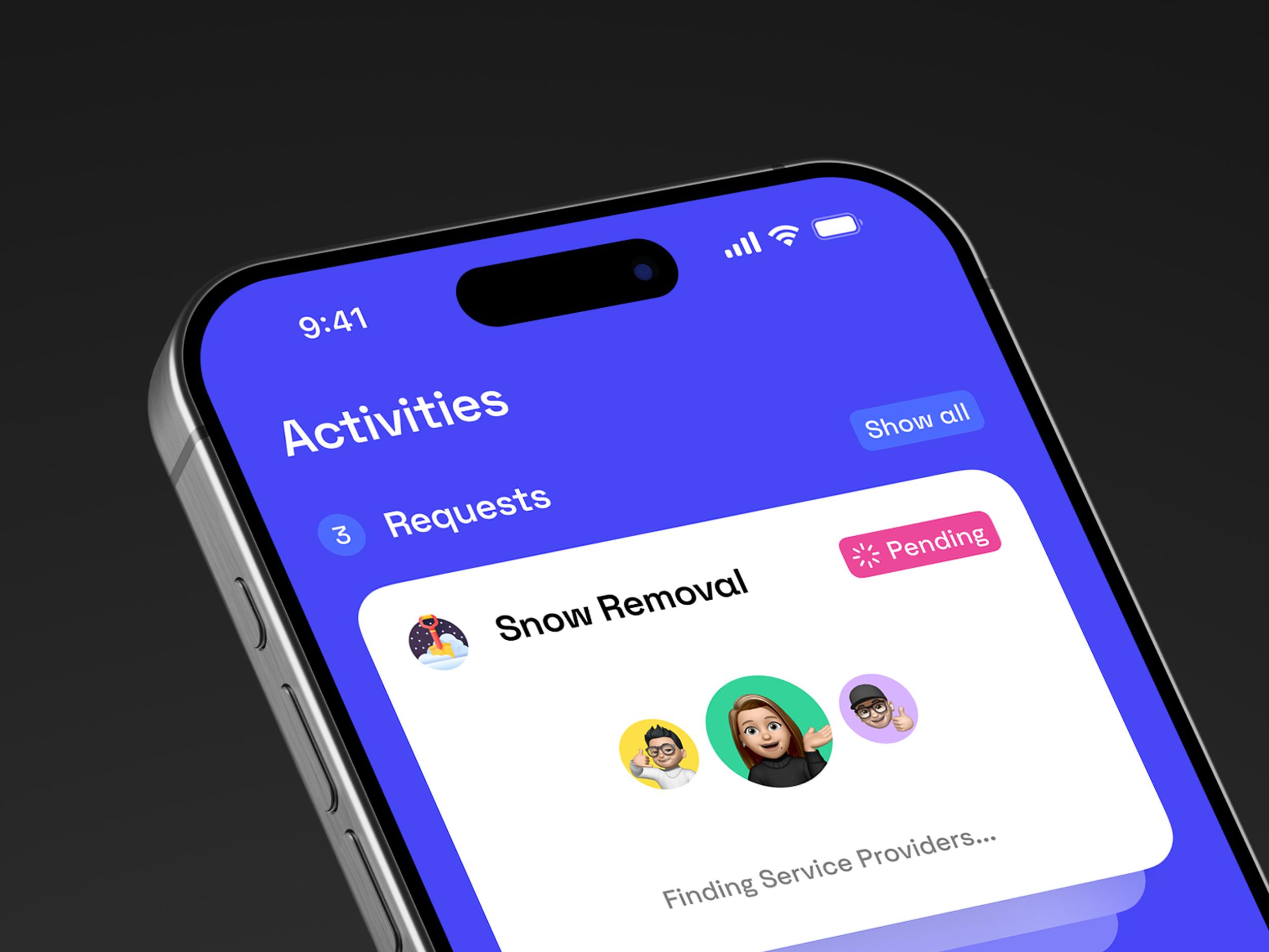 Angled smartphone design mockup showing an app’s Activities screen with a designed pending snow removal request. it's a design of hooman studio for Ample application.