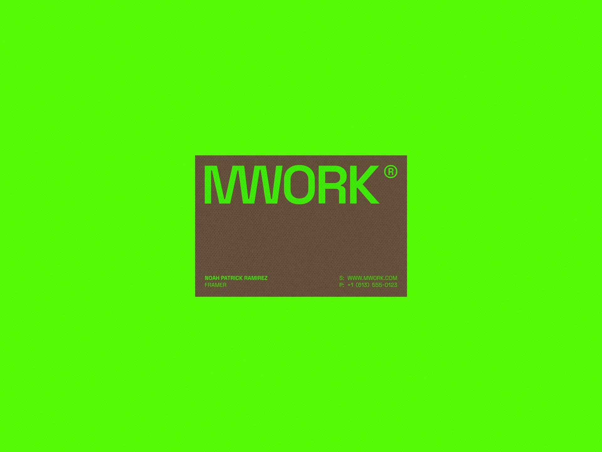 MWORK branded business card with bold green text displaying contact information, role/job, and website URL.