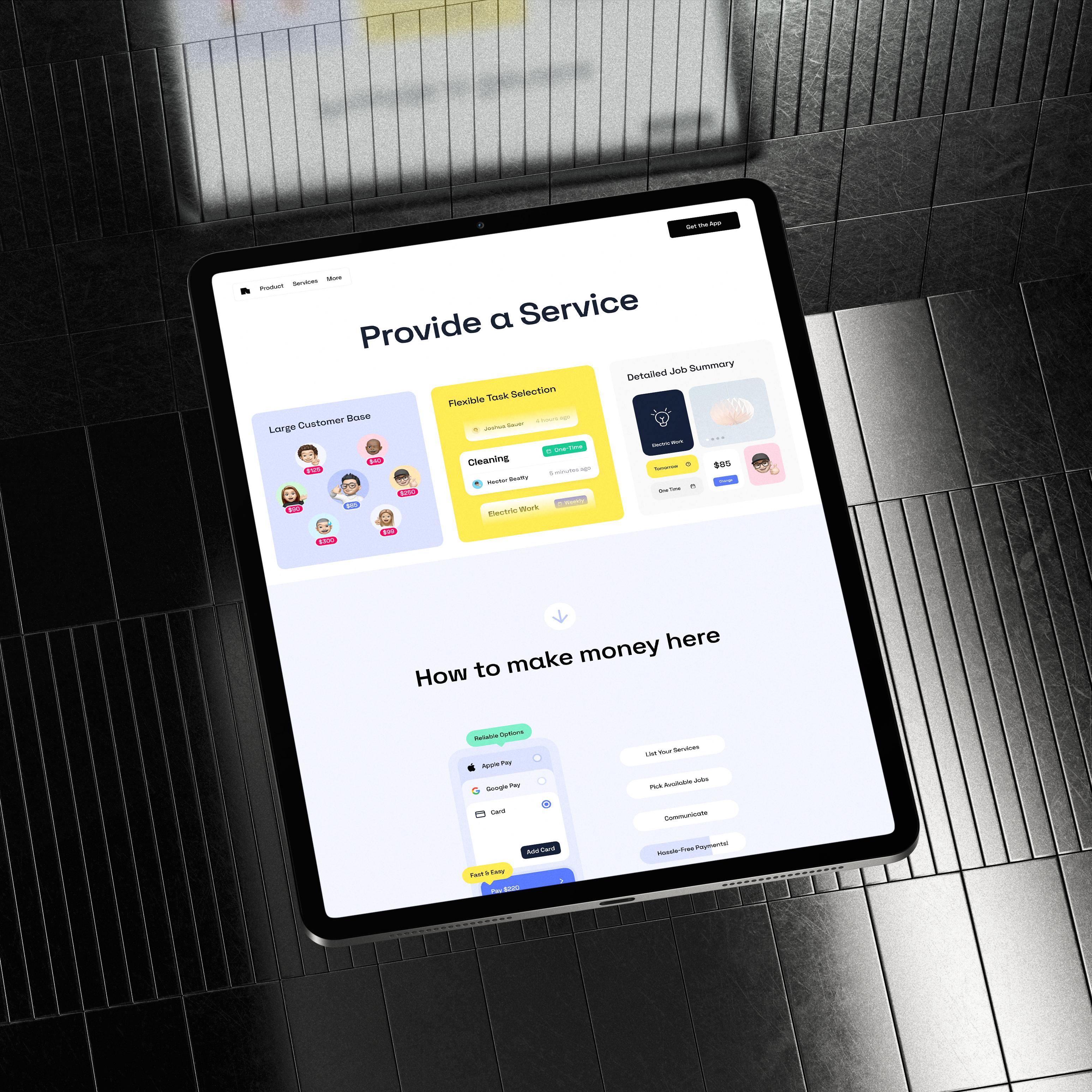 iPad screen showing service platform with customer base, flexible task selection, and job details for providers.