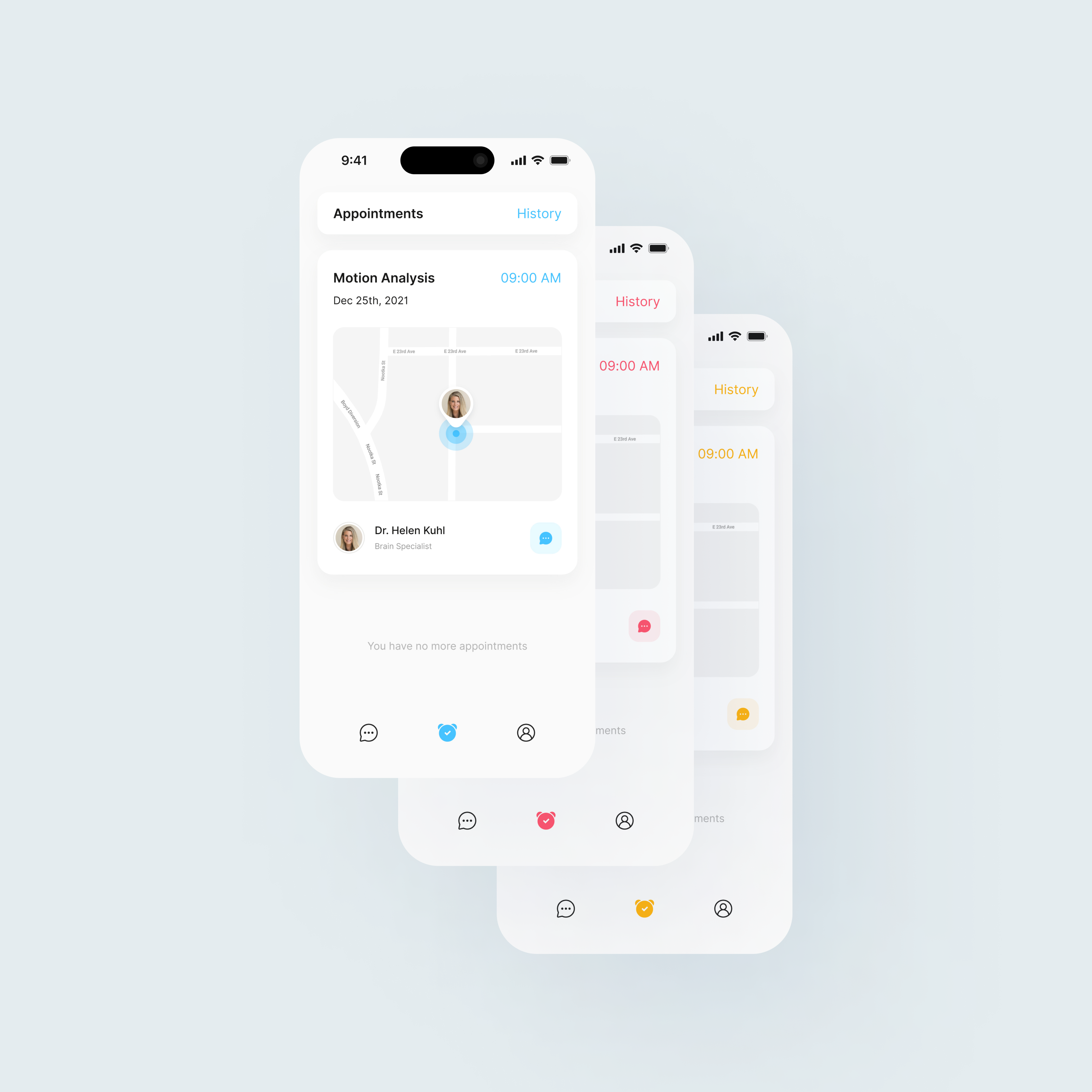 Mobile app interface design showing stacked appointment screens with doctor details, map, and responsive elements for iPhone.