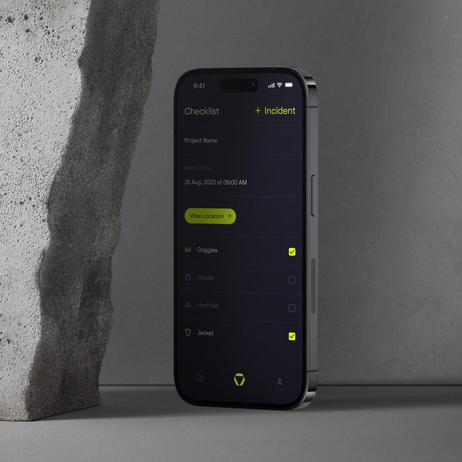 Mobile app checklist for project management, featuring safety gear selection with goggles, gloves, hard hat, and jacket, powered by Opussafe branding and design.