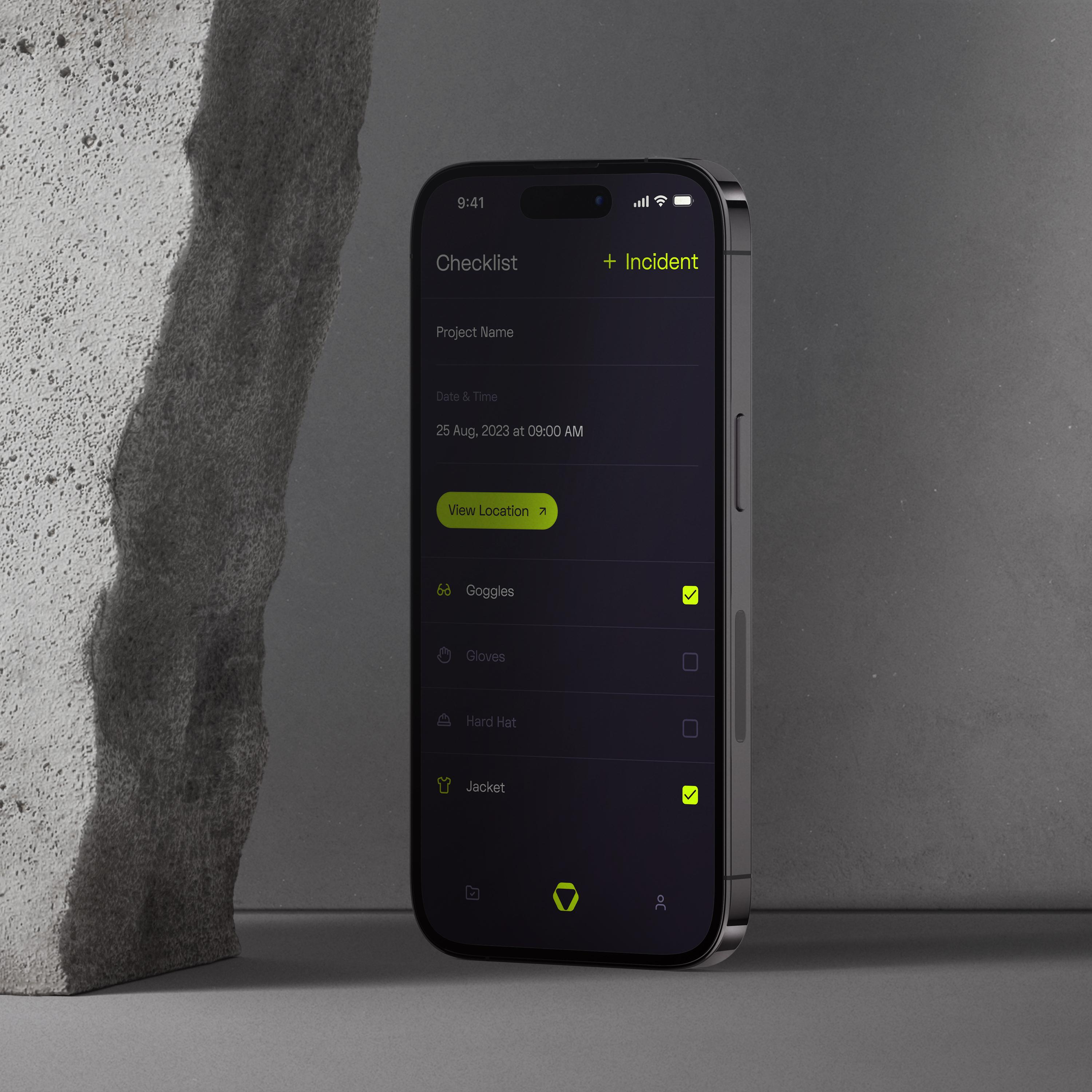 Mobile app checklist for project management, featuring safety gear selection with goggles, gloves, hard hat, and jacket, powered by Opussafe branding and design.