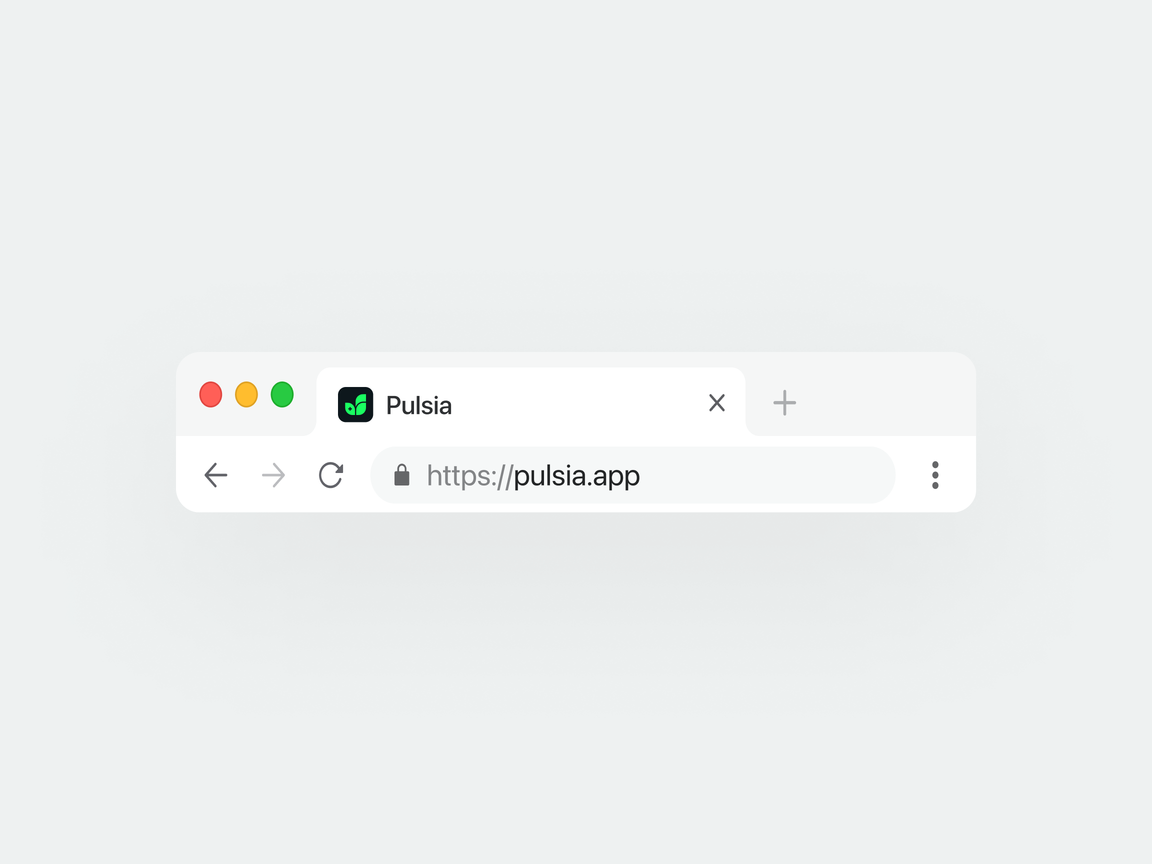 Pulsia website tab with branding logo and URL displayed in the browser address bar, showcasing a modern design and user interface.