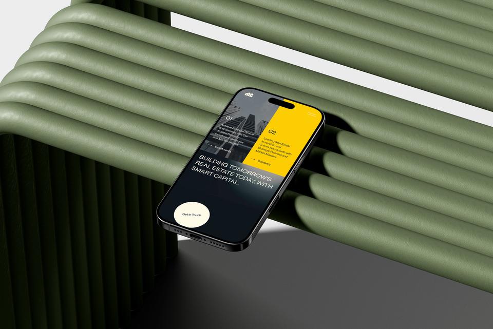Mobile view of modern real estate investment website hero section, featuring bold messaging on smart capital, industry innovation, and financial growth strategies.