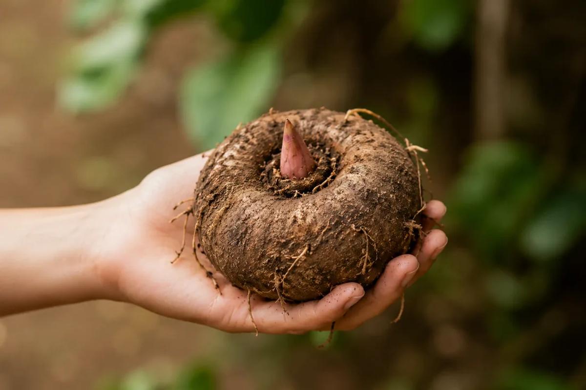 Mano sosteniendo una raíz de konjac