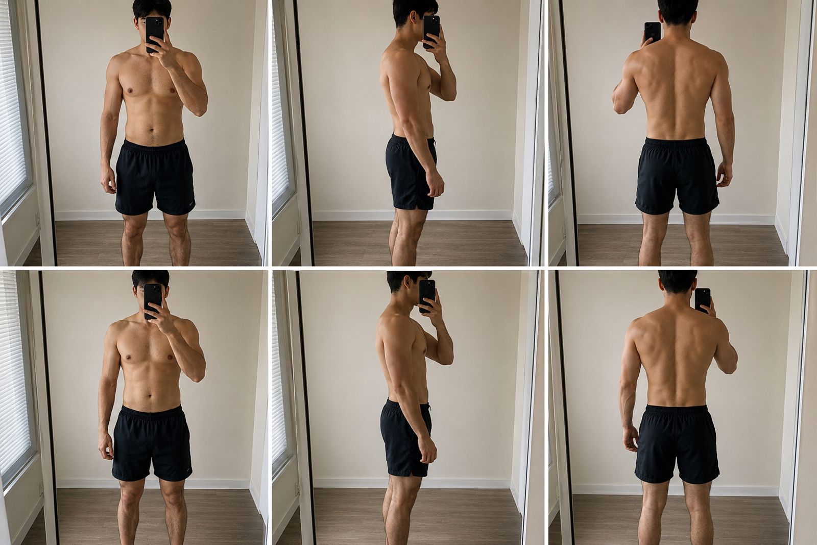Correct progress-photo setup showing camera position, lighting, and poses