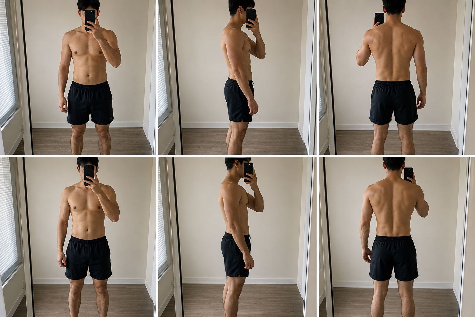Correct progress-photo setup showing camera position, lighting, and poses