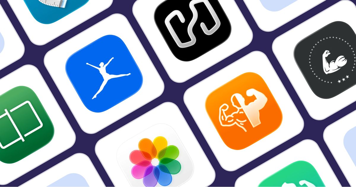 A grid of popular mobile app icons for fitness tracking and progress photos.