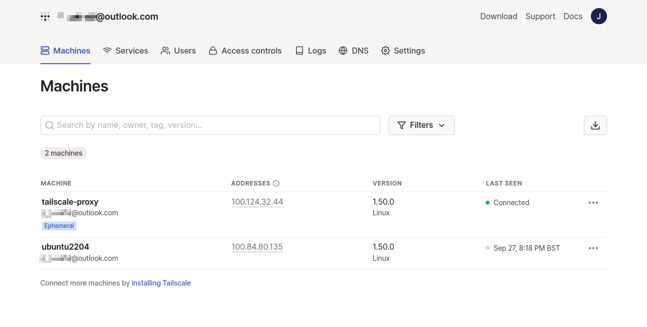 Tailscale's Machines page showing a Kubernetes service proxy machine