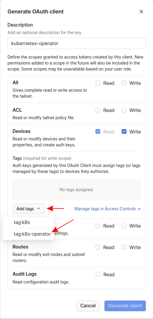 generating an OAuth client for the Tailscale Operator in Kubernetes