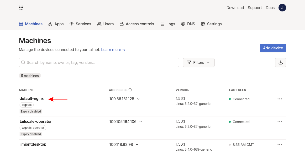demo Kubernetes Service registered as a Tailscale machine in the admin console