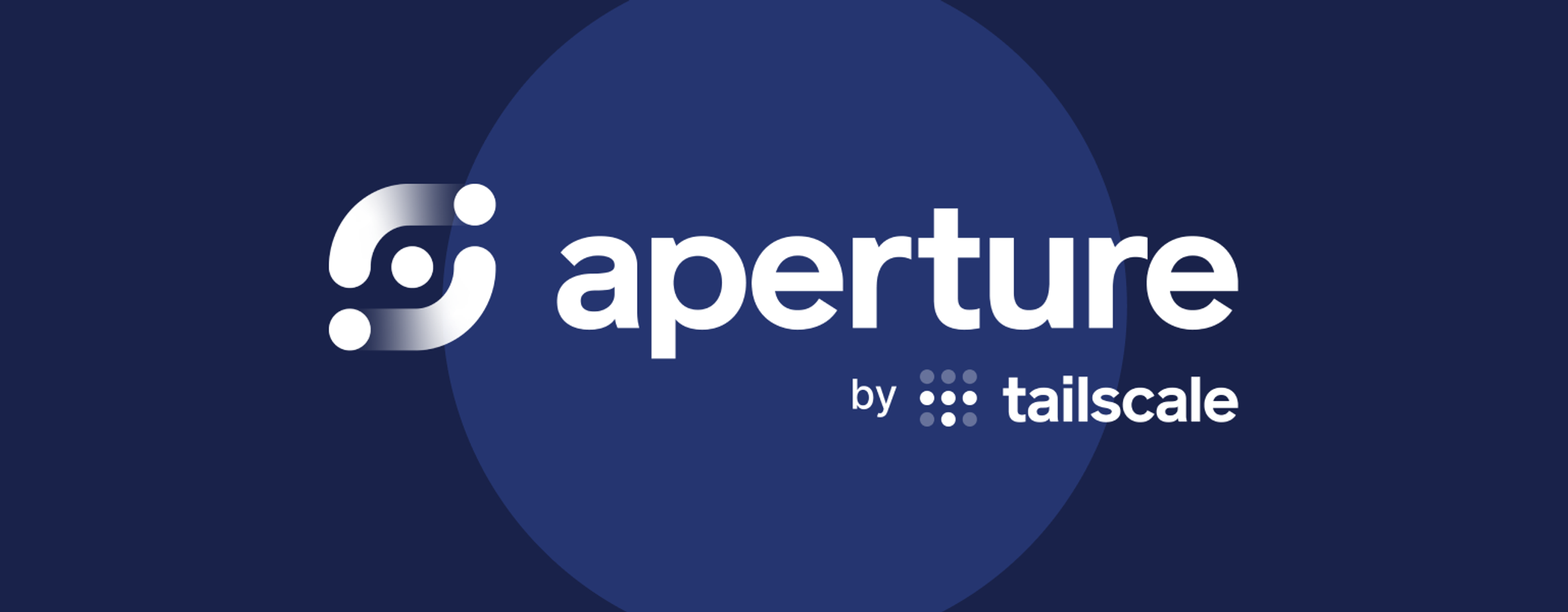 The word "aperture" appears in large white lowercase letters next to a stylized white logo resembling a camera shutter. "Aperture by tailscale," with tailscale's logo in white, is full text. Background is a dark blue circle against even darker blue background.