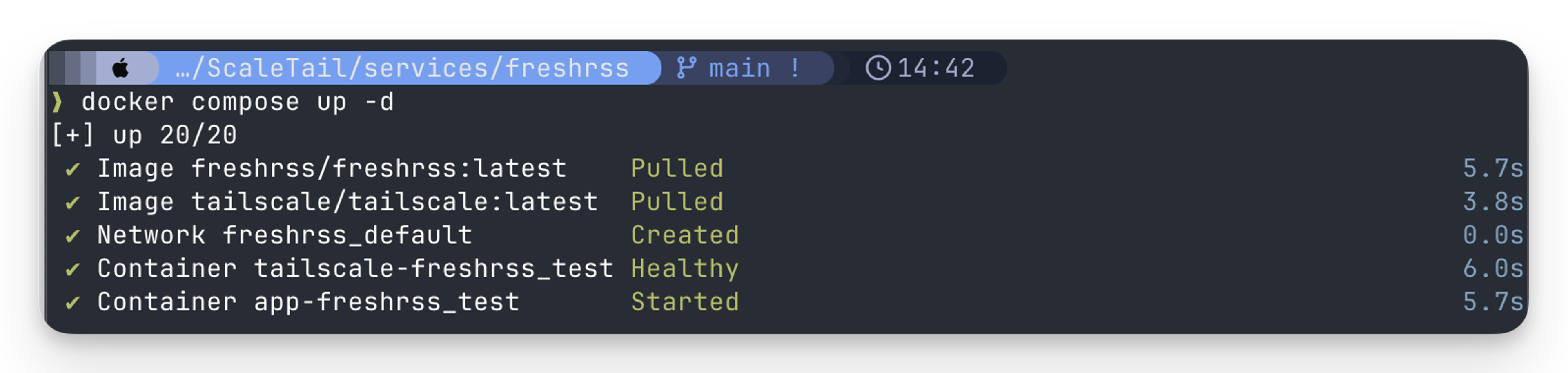 Docker Compose terminal output displaying successful deployment of 20 services including freshrss and tailscale containers. The screenshot shows container health status, pulled Docker images, and network creation with startup times, indicating a fully operational Docker containerized application stack.