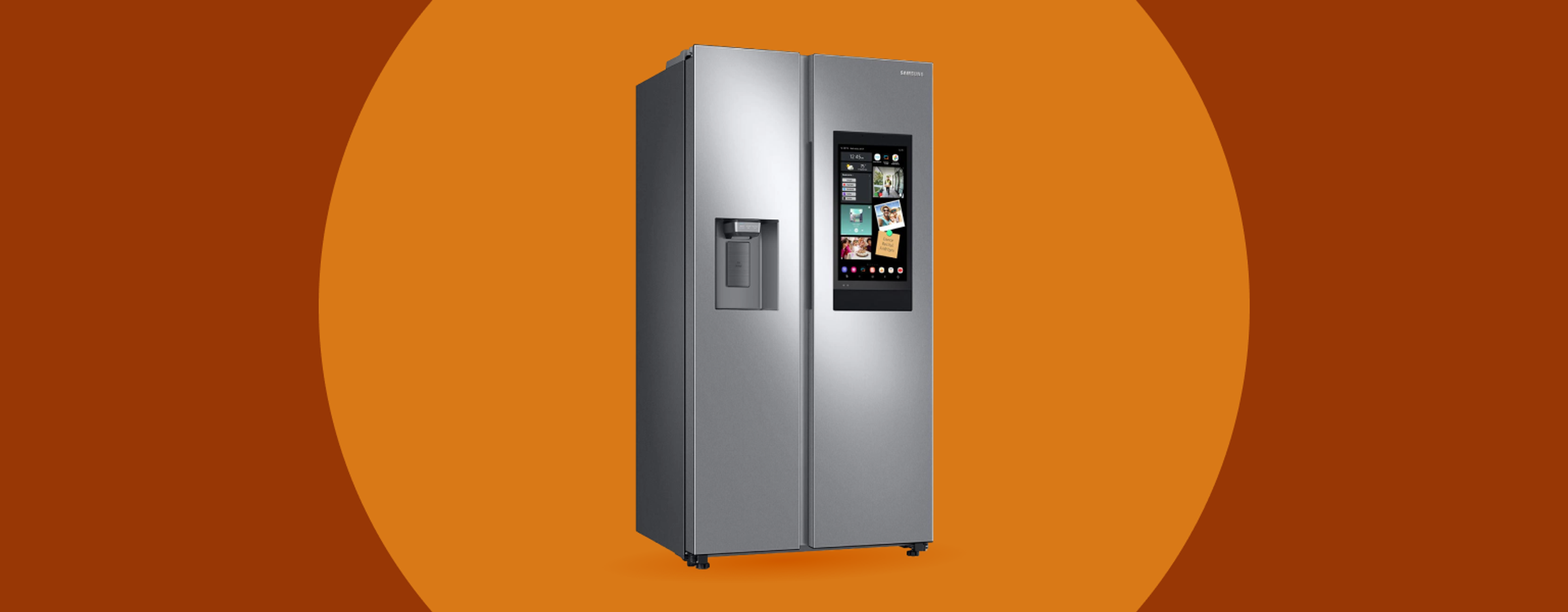 Samsung fridge, with a tablet screen in it, against an orange background with a darker orange border.