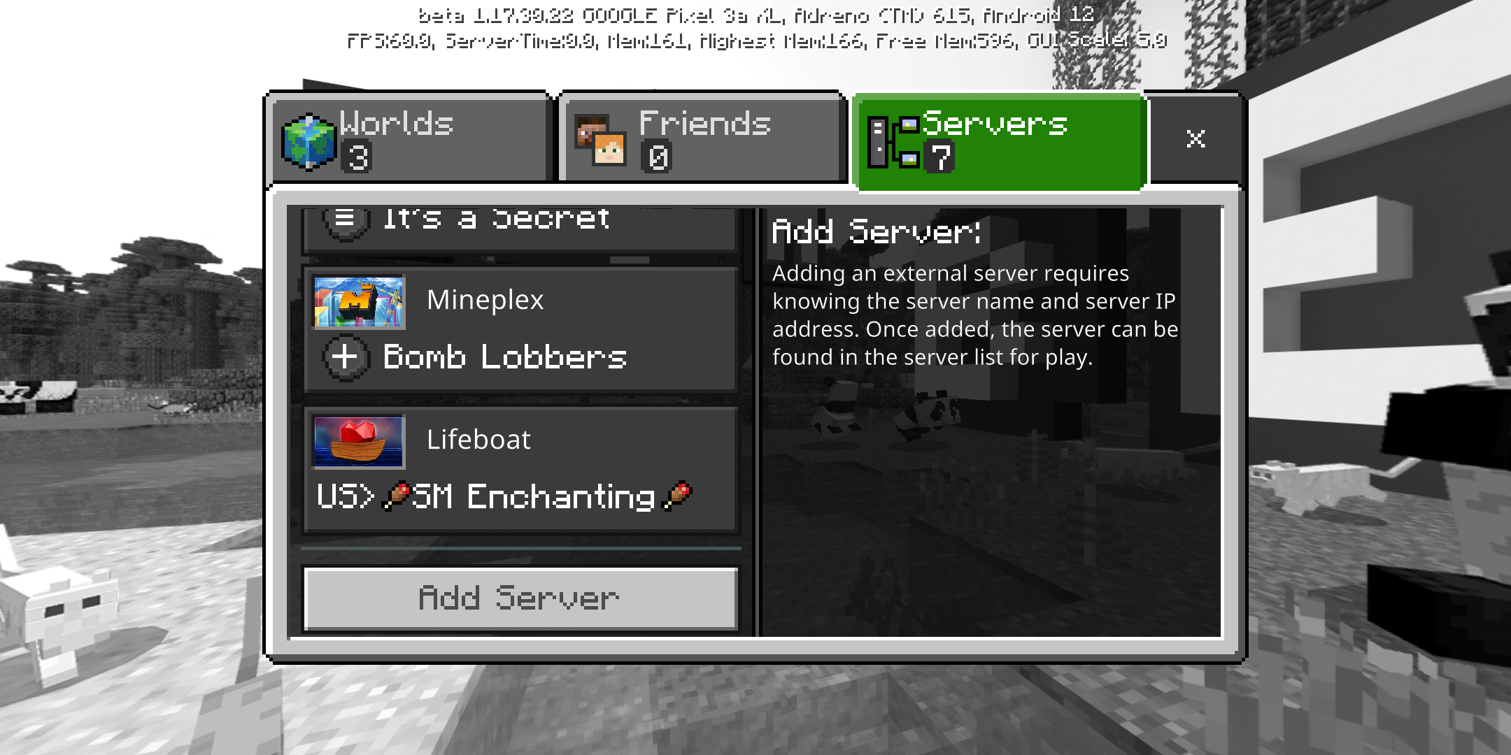 Minecraft Server list scrolled to the bottom with a button to Add Server