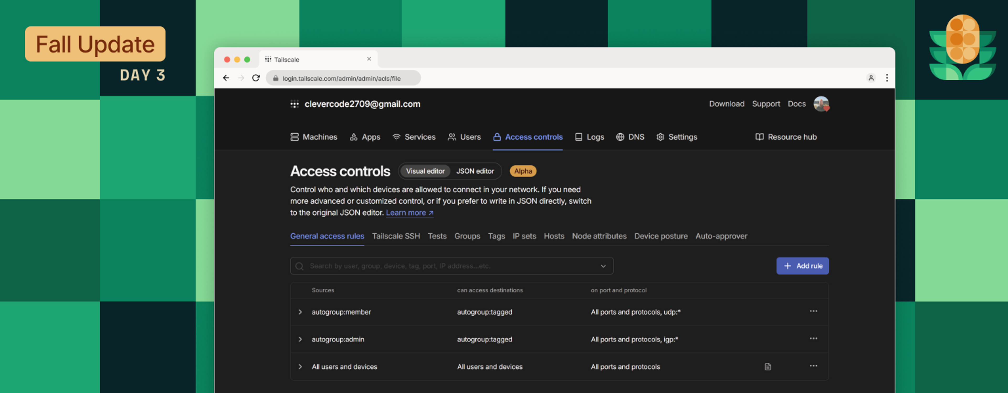 A green checked background, with a dark-mode page of the Tailscale admin console open, showing "Access controls" tab selected, and policies for "autogroup:member," "autogroup:admin," and "All users and devices."