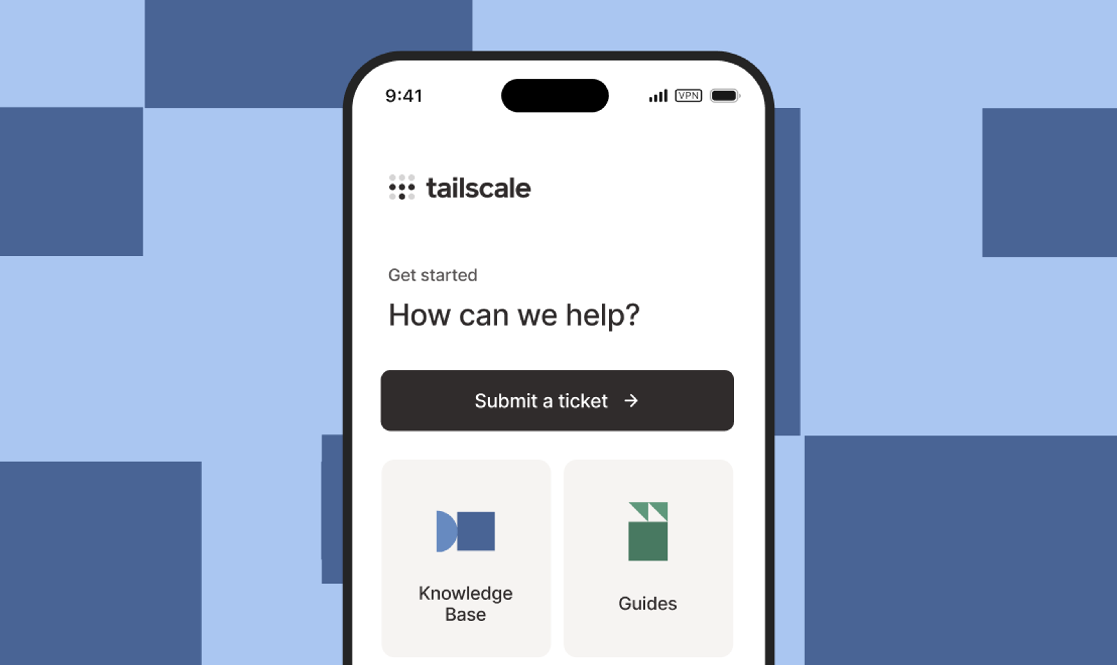 A screen of an iPhone which with a button to submit a support ticket and links to the Knowledge Base and Guides.