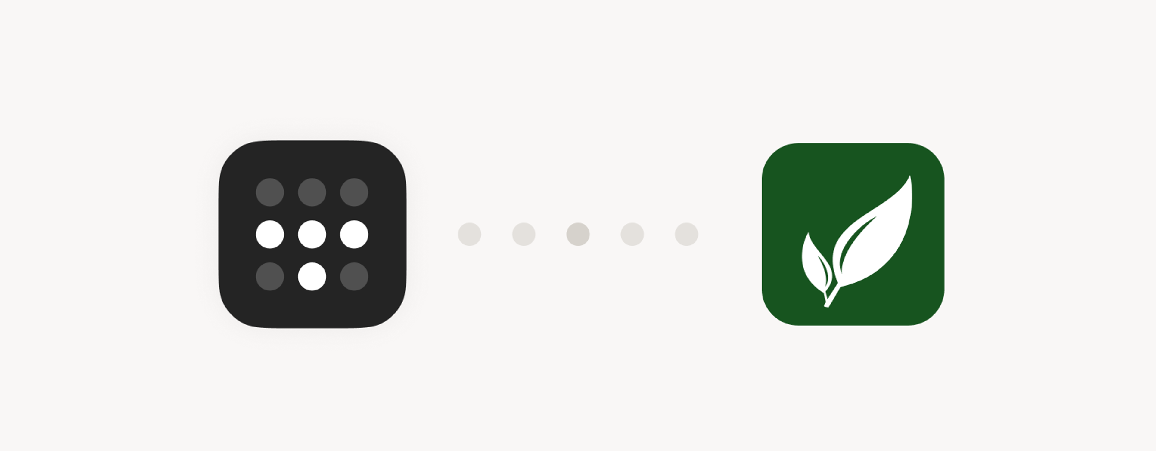 Tailscale icon (dot grid with white "T" lit up) and a Paperless-ngx green app icon (white set of small and big leaf) separated by a row of dots.