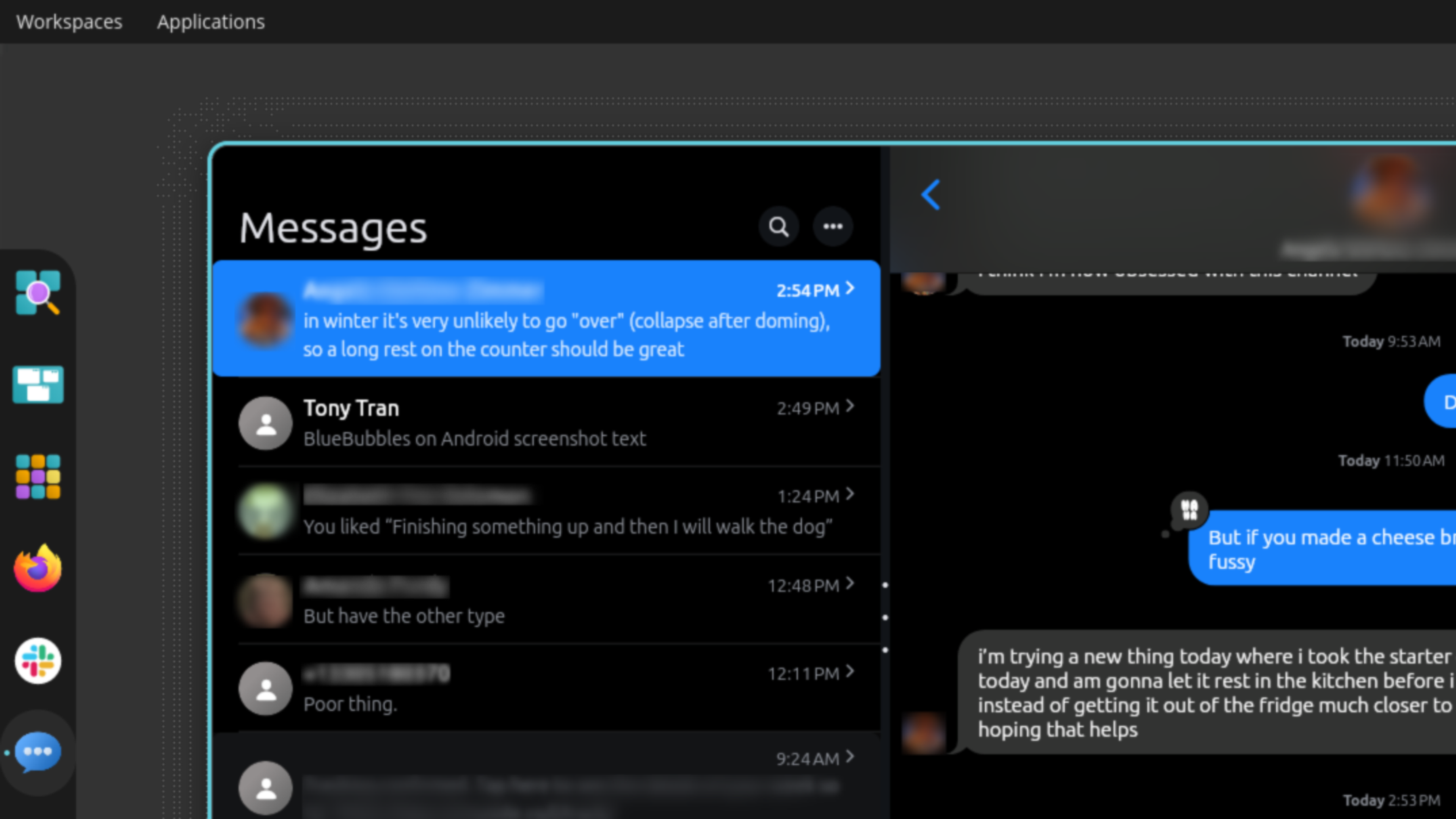 A screenshot, taken from a Pop_OS (Linux) desktop, showing an app tray on the left side, and a window on the right, with a column of "Messages" and an iMessage thread on the right, with one person describing sourdough starter issues: "Instead of getting it out of the fridge much closer to …"