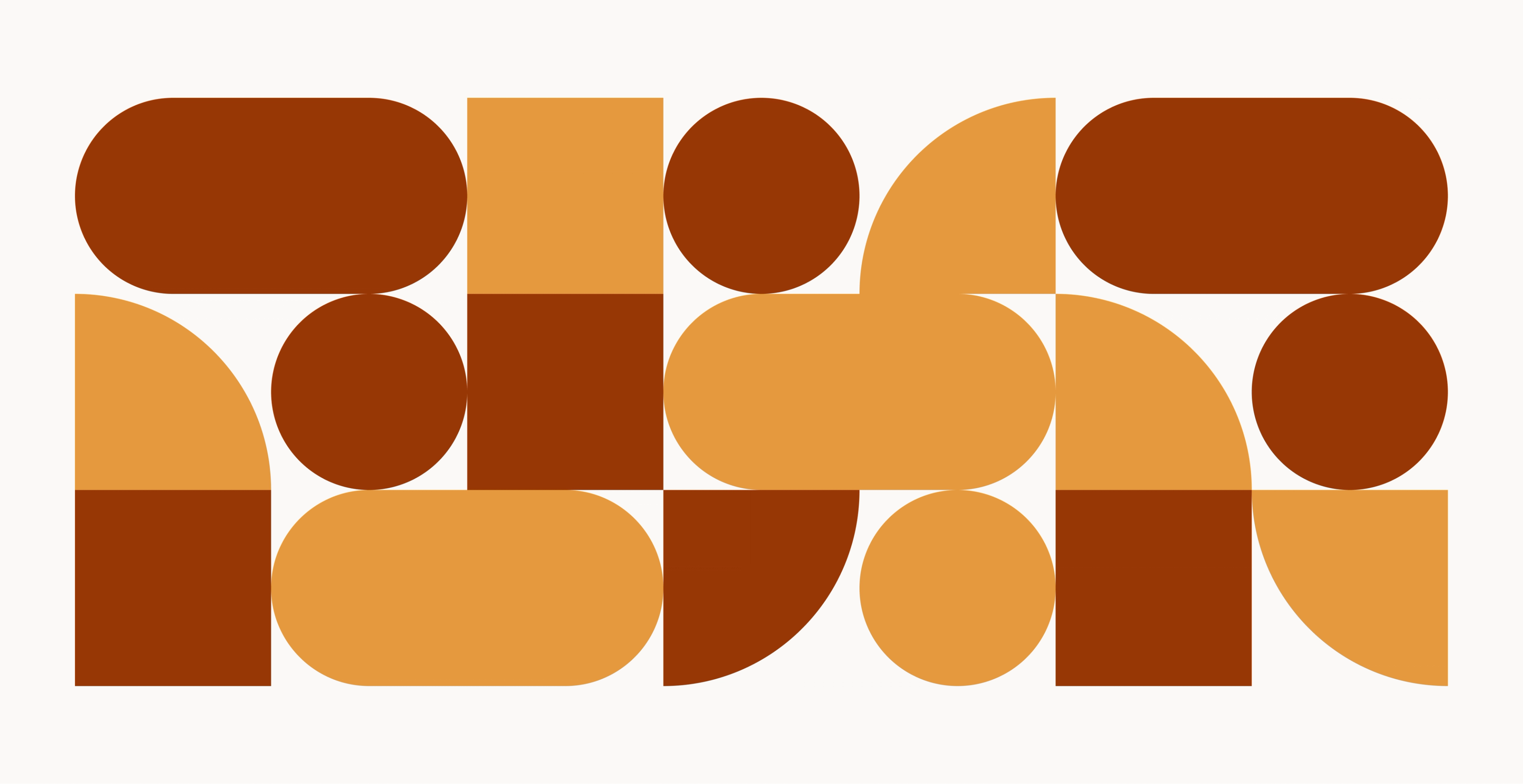 Dark orange and light yellow-orange shapes: squares, quarter-circles, ovals, against a white background.