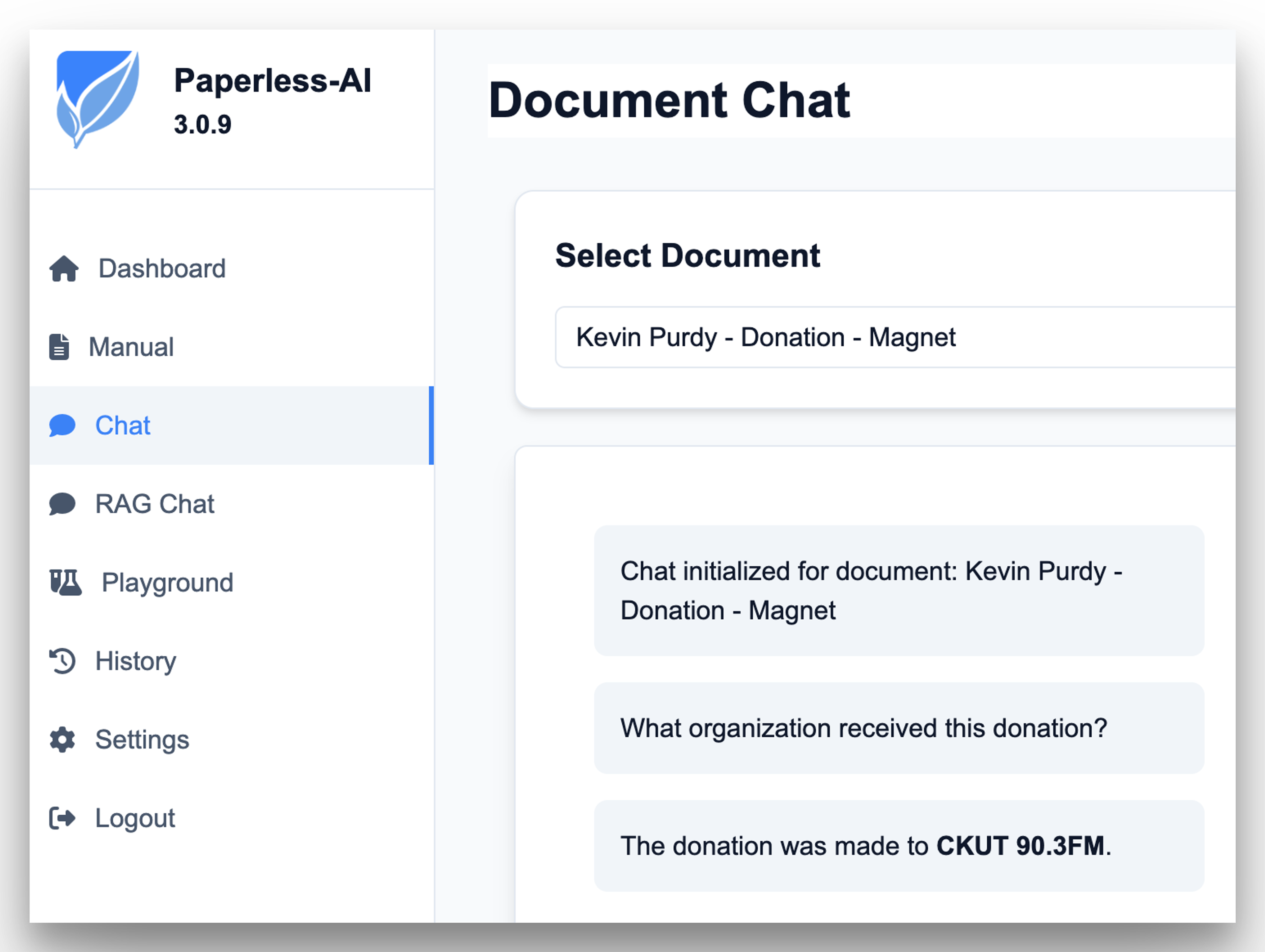 Screenshot from Paperless-AI, showing "Chat" function selected, a document ("Kevin Purdy - Donation - Magnet") selected, and the chat: "Chat initialized for document: Kevin Purdy - Donation - Magnet | What organization received this donation? | The donation was made to CKUT 90.3FM"