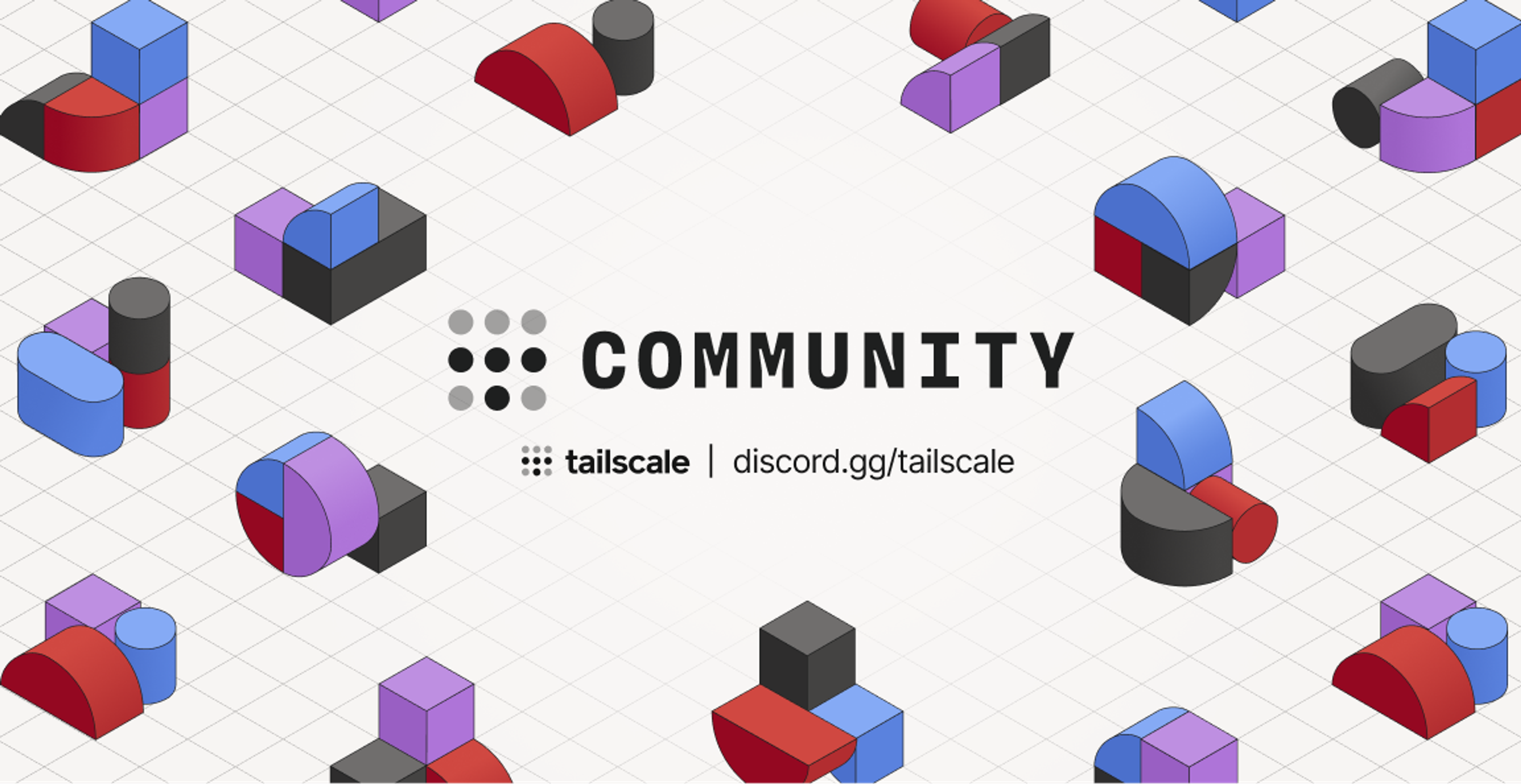 Graphic with 3D geometric shapes in red, blue, purple, and black scattered across a white grid background. At the center is the word 'COMMUNITY' in bold black text, with the Tailscale logo and text 'tailscale | discord.gg/tailscale' below it.