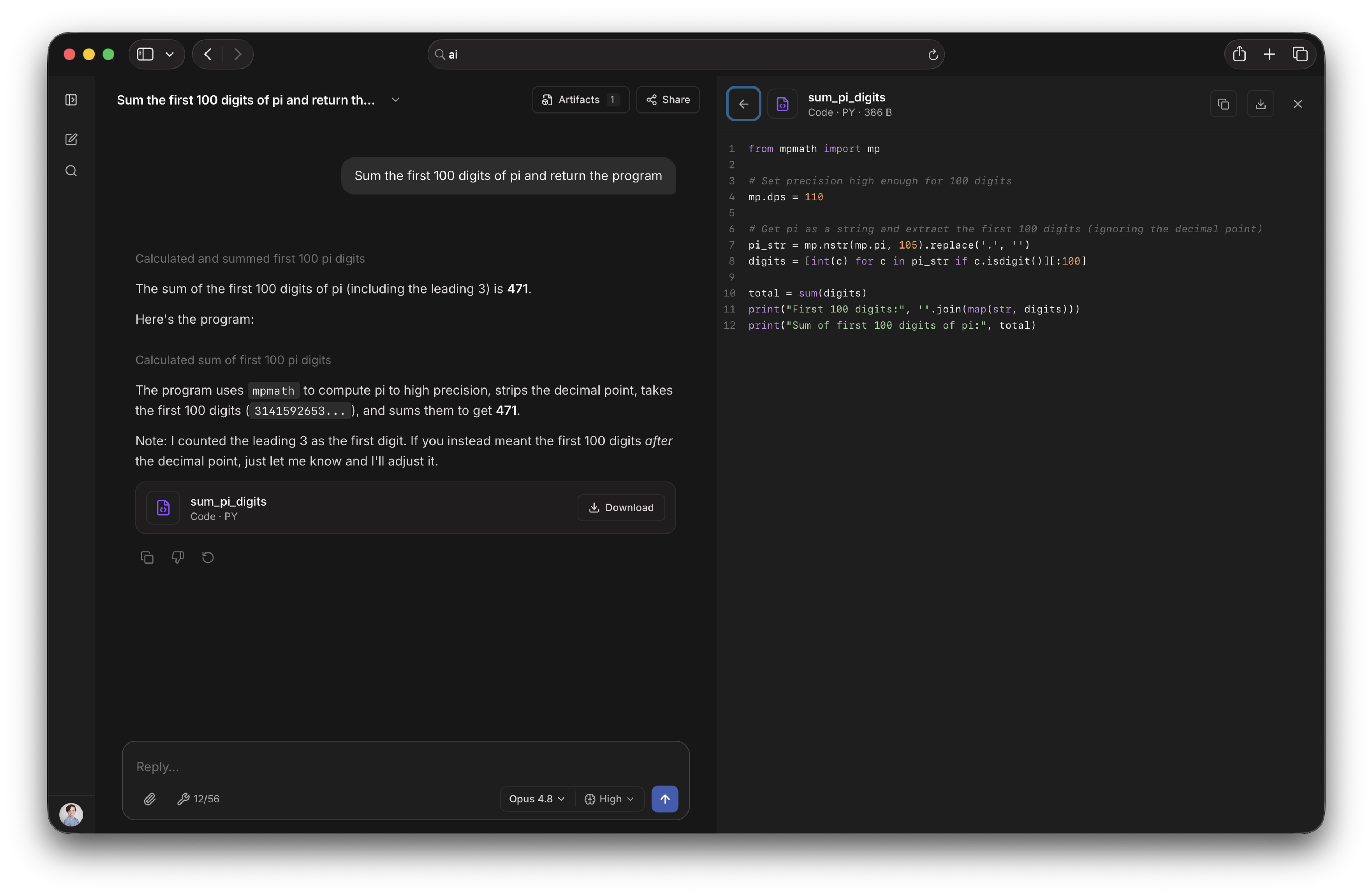Aperture Chat Alpha interface showing a conversation about summing the first 100 digits of pi. The chat displays the result of 472, an explanation using the mpmath library, and a downloadable Python file named sum_pi_digits.py. Left sidebar shows navigation options and recent chats.