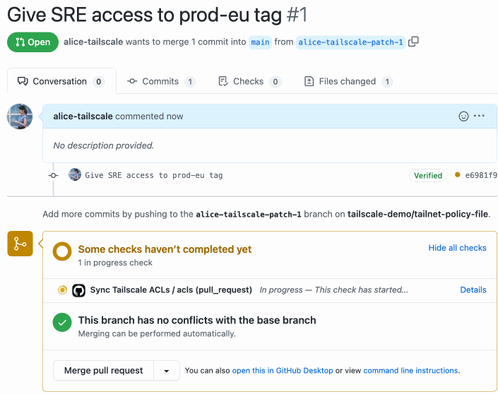 Animation of the GitHub action Sync Tailscale ACLs running as a pull request check.