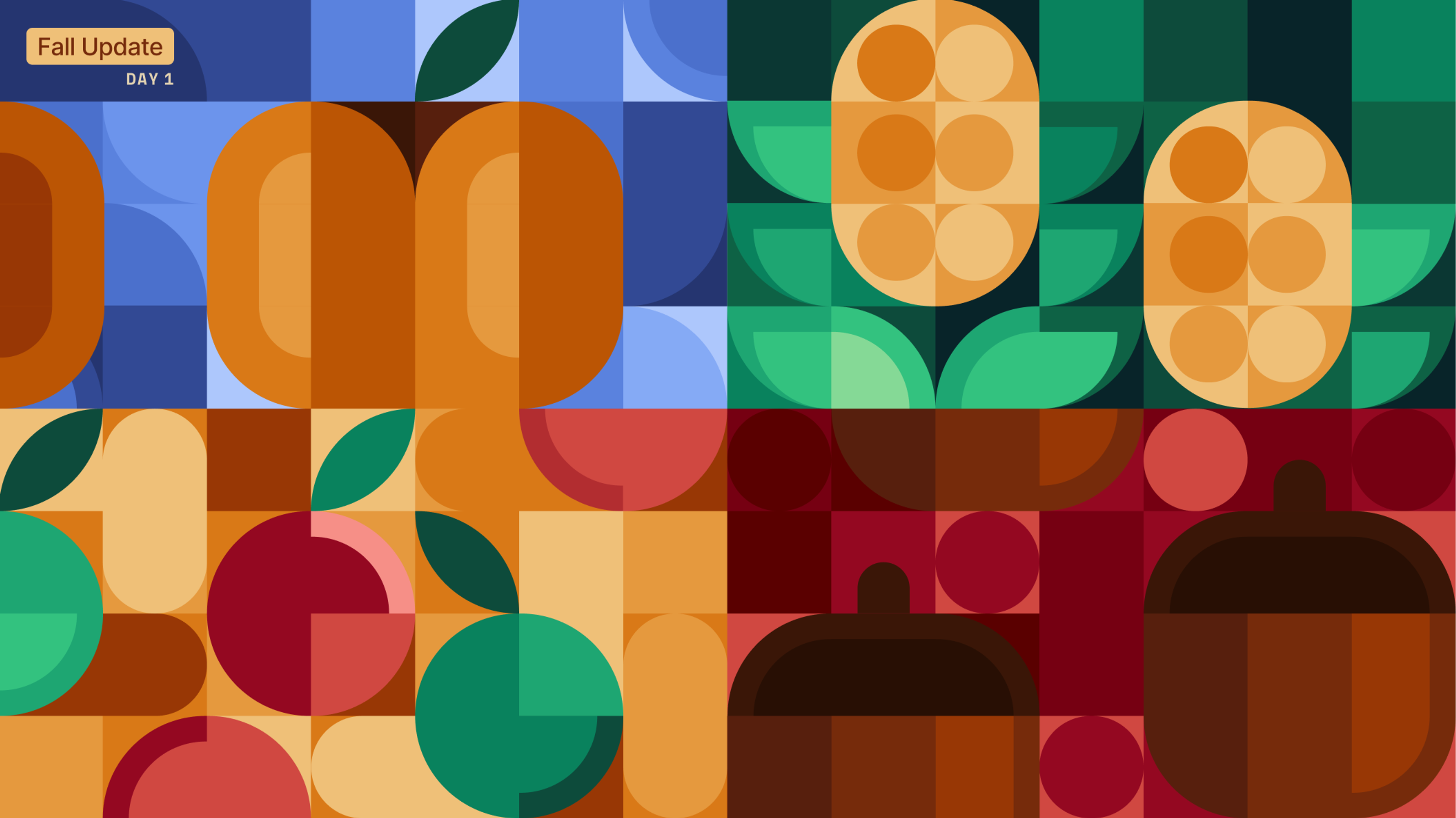Rectangular shape labeled "Fall Update: Day 1" in the upper-left corner. A grid of squircles, cirlces, and corners are arranged to resemble autumn and harvest themes: corn, stone fruit, acorns, and chopped trees.