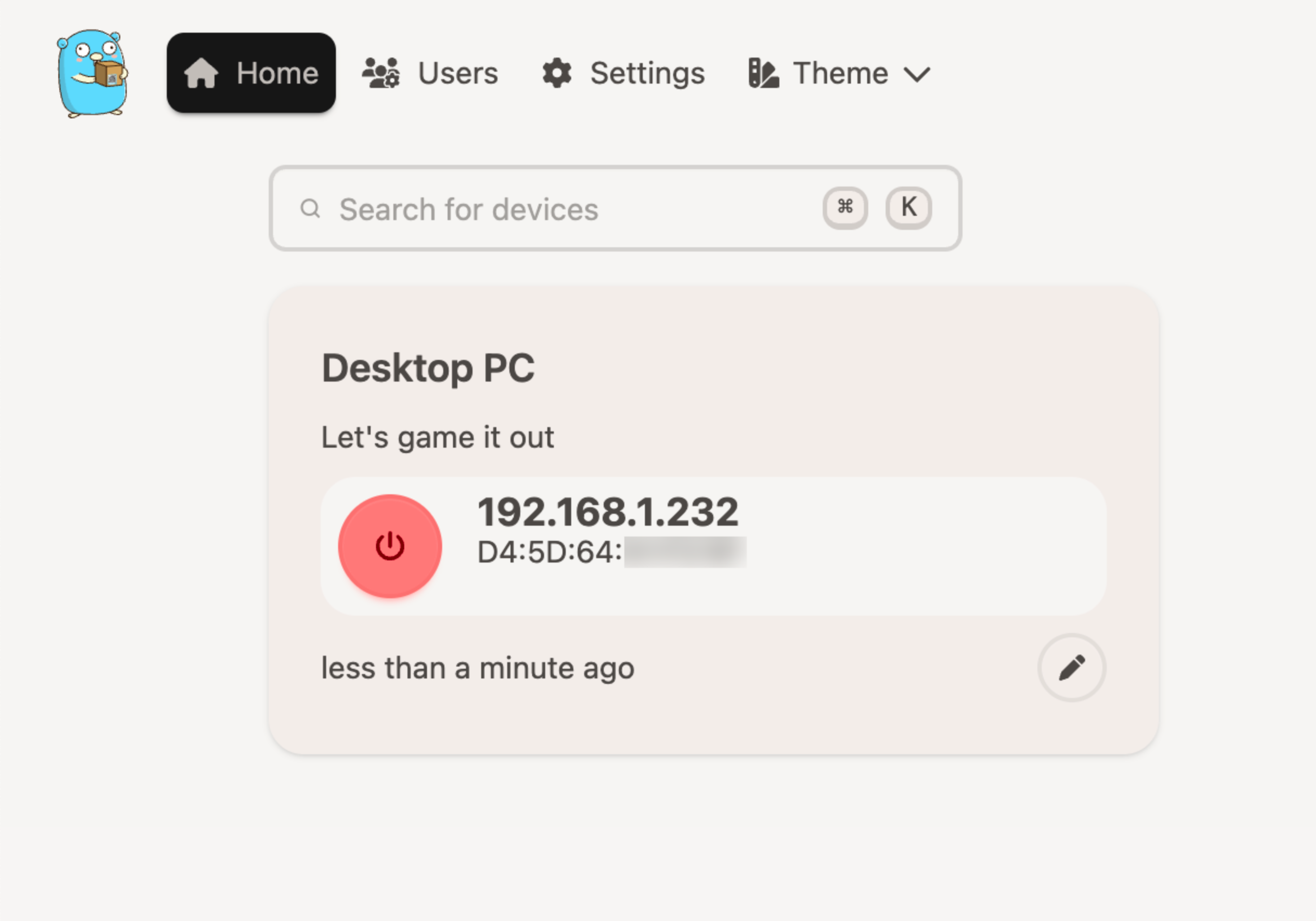 Screenshot of UpSnap web console, with a large block representing a "Desktop PC," with a descriptin of "Let's game it out." 