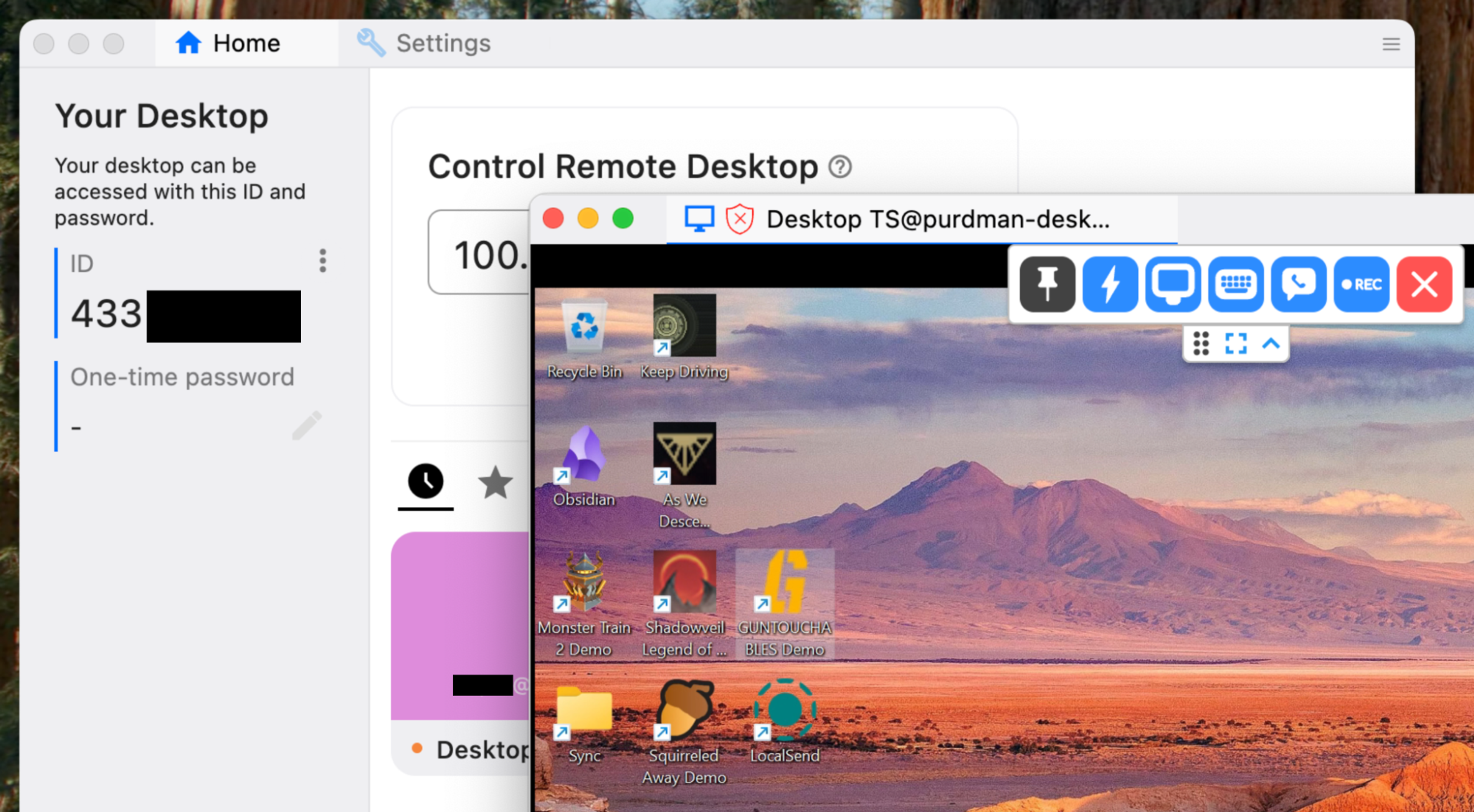 Screenshot of RustDesk, open on a Mac, controlling a Windows desktop within a nested window.