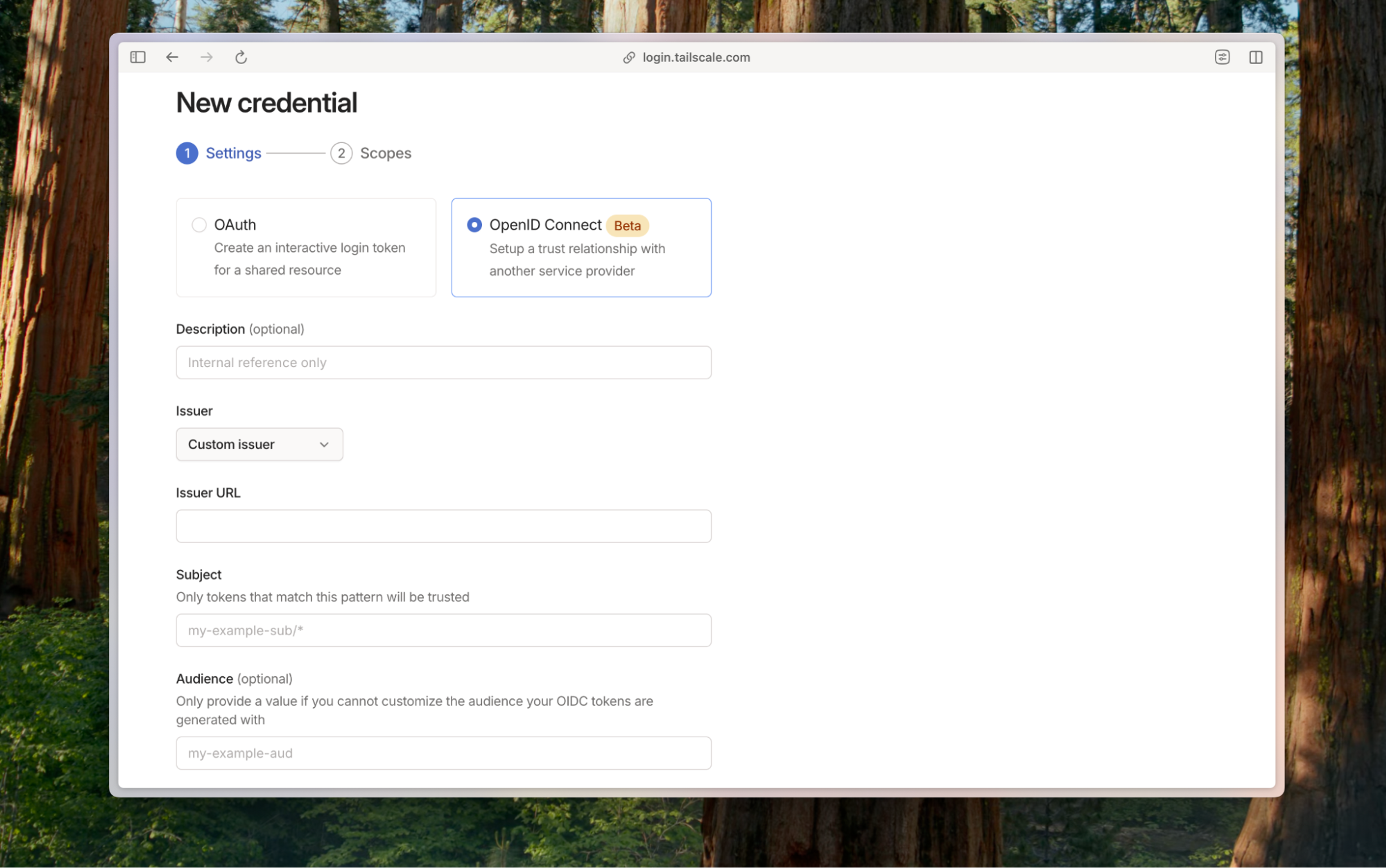 A web browser open to login.tailscale.com, on a Setting page that reads "New credential," with "OpenID Connect (Beta)" selected.