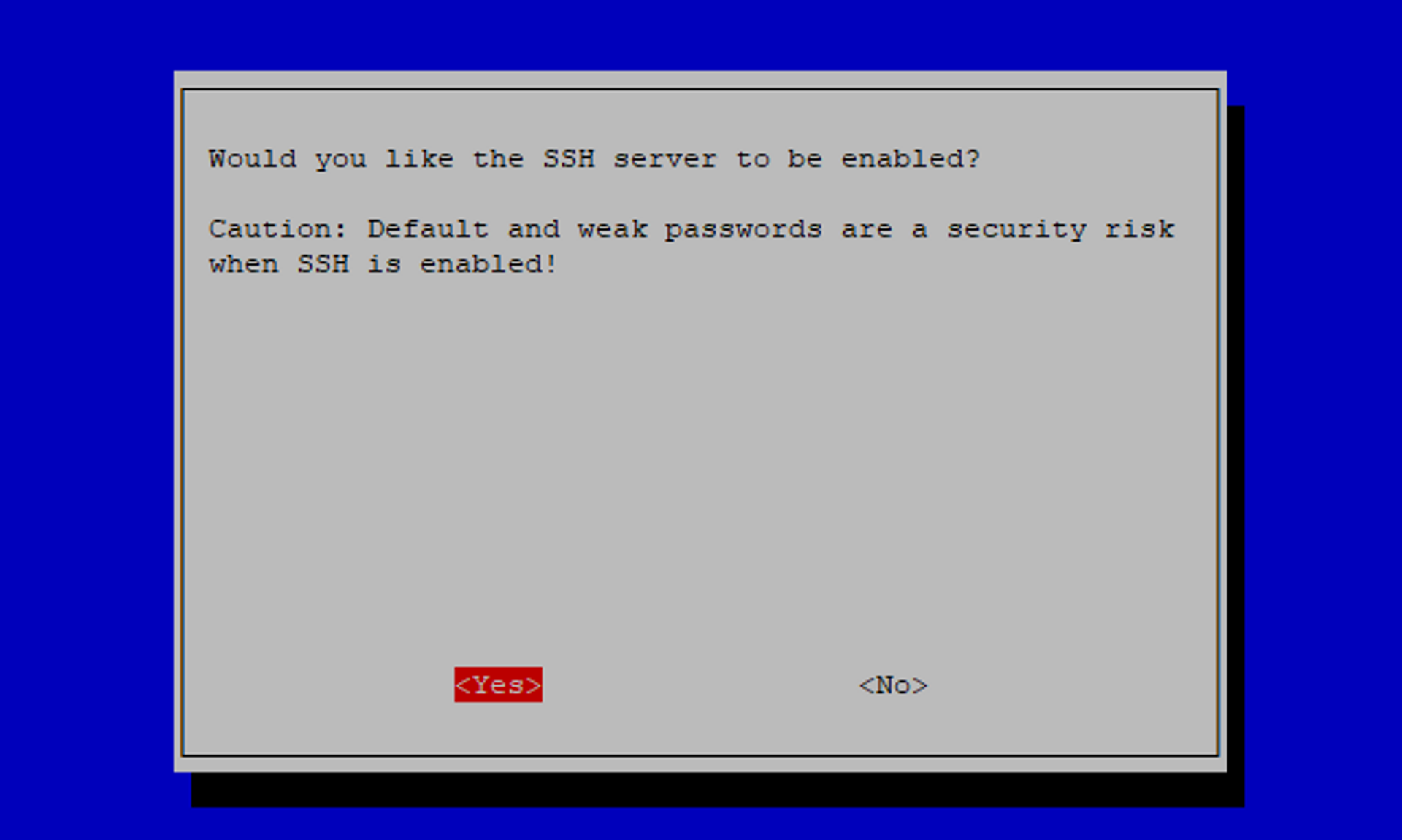 raspi-config SSH confirm and warning