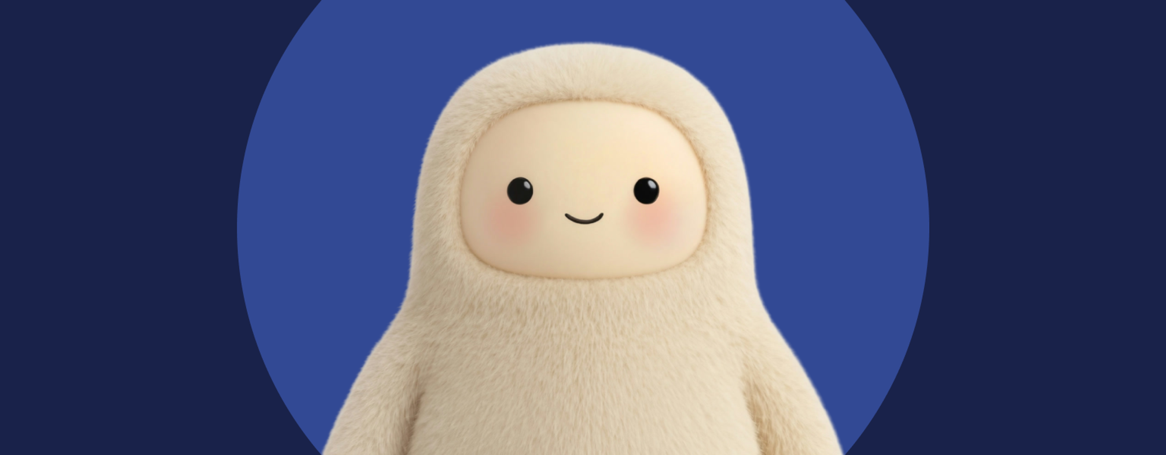 Cute bearded character representing Meta's Muse, with white fuzzy features, simple smiling face with black dot eyes, wearing beige knit hat against blue circular background