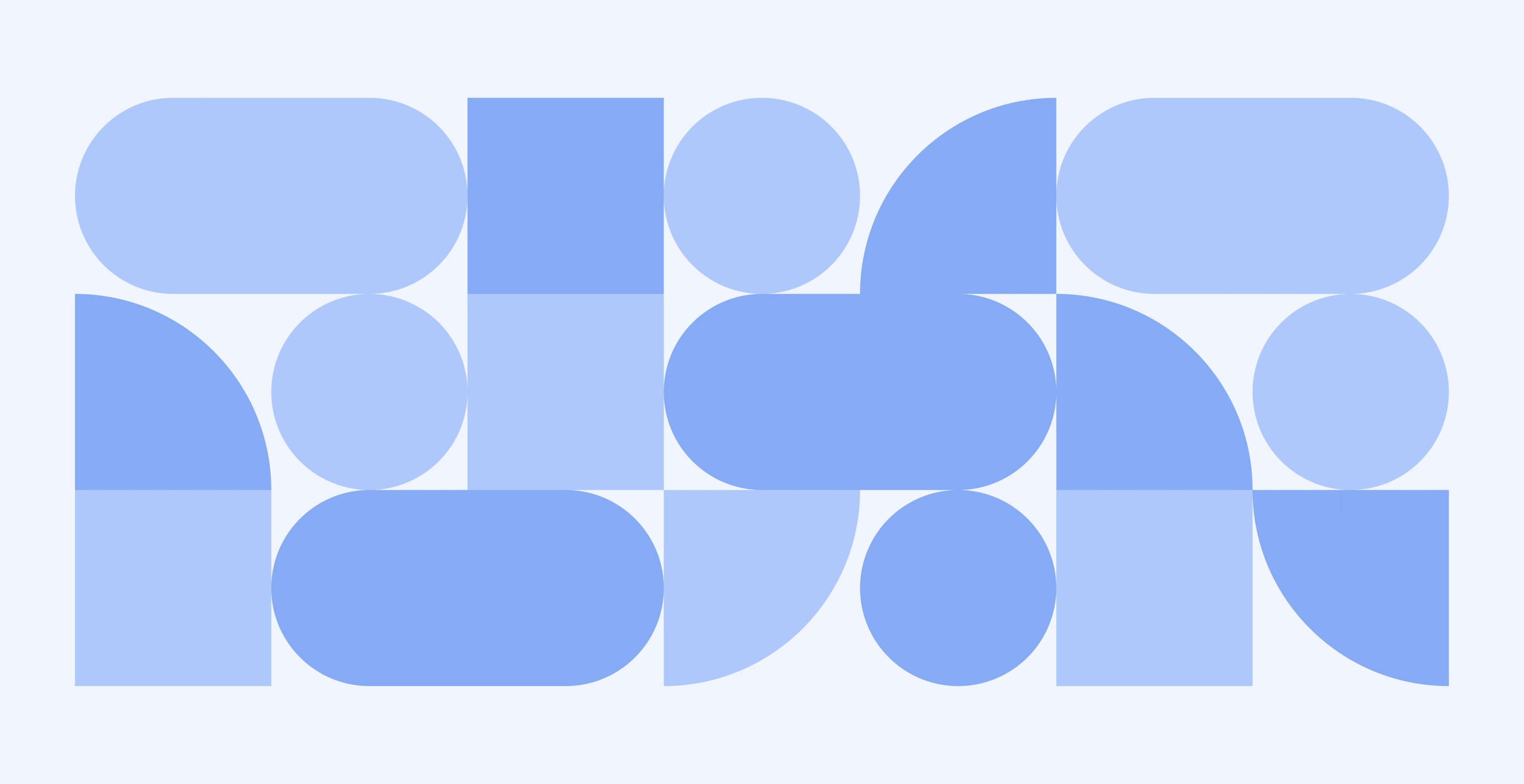 Collection of blue shapes (ovals, squares, quarter-circles, circles) against a very light-blue background.