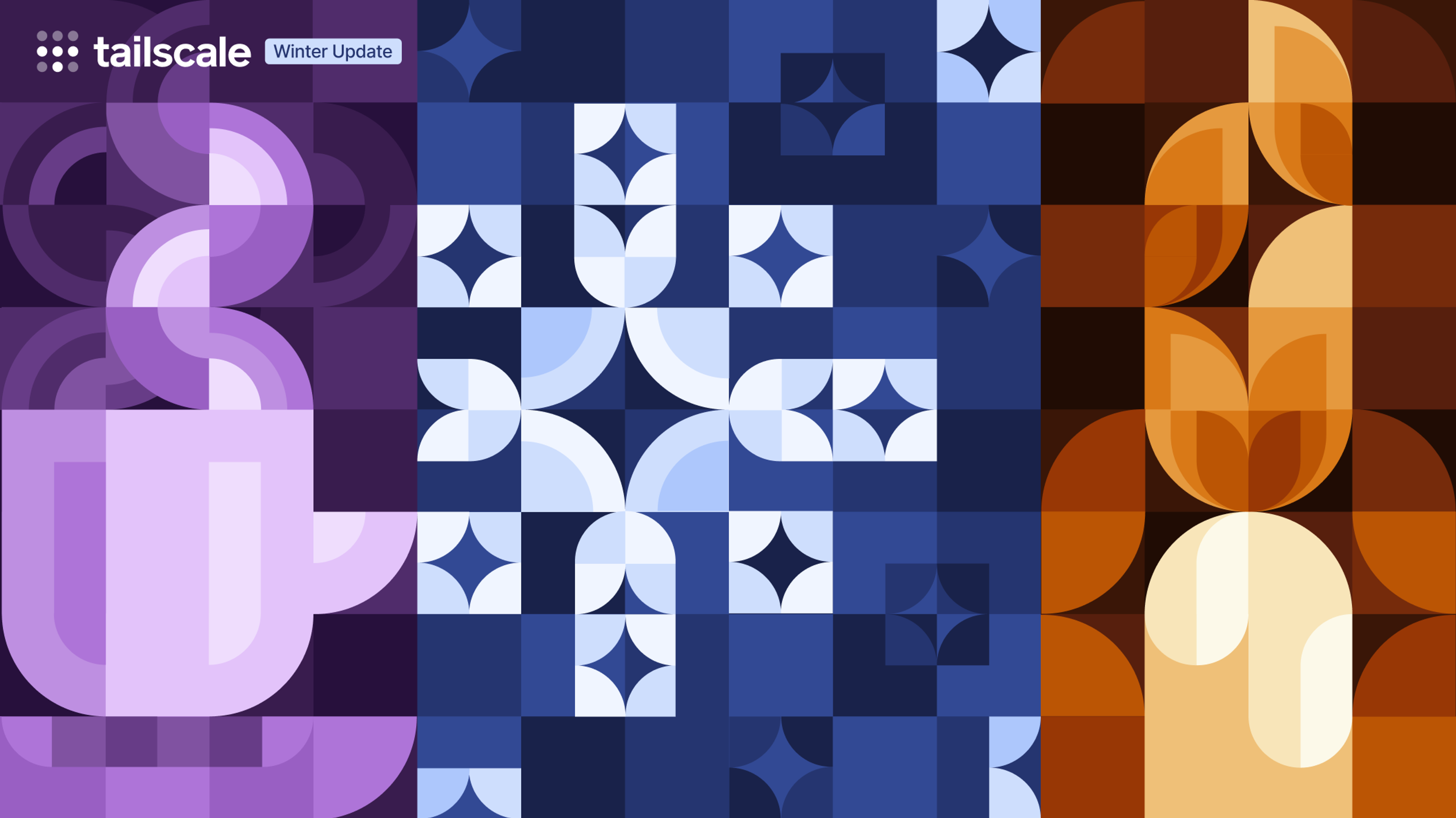 Images made from combined shapes, in a triptych style. From left: a mug with steam on a coaster, from purple shapes; a snowflake in dark blue and light blue shapes; a candle and wick, from orange and yellow rounded shapes.