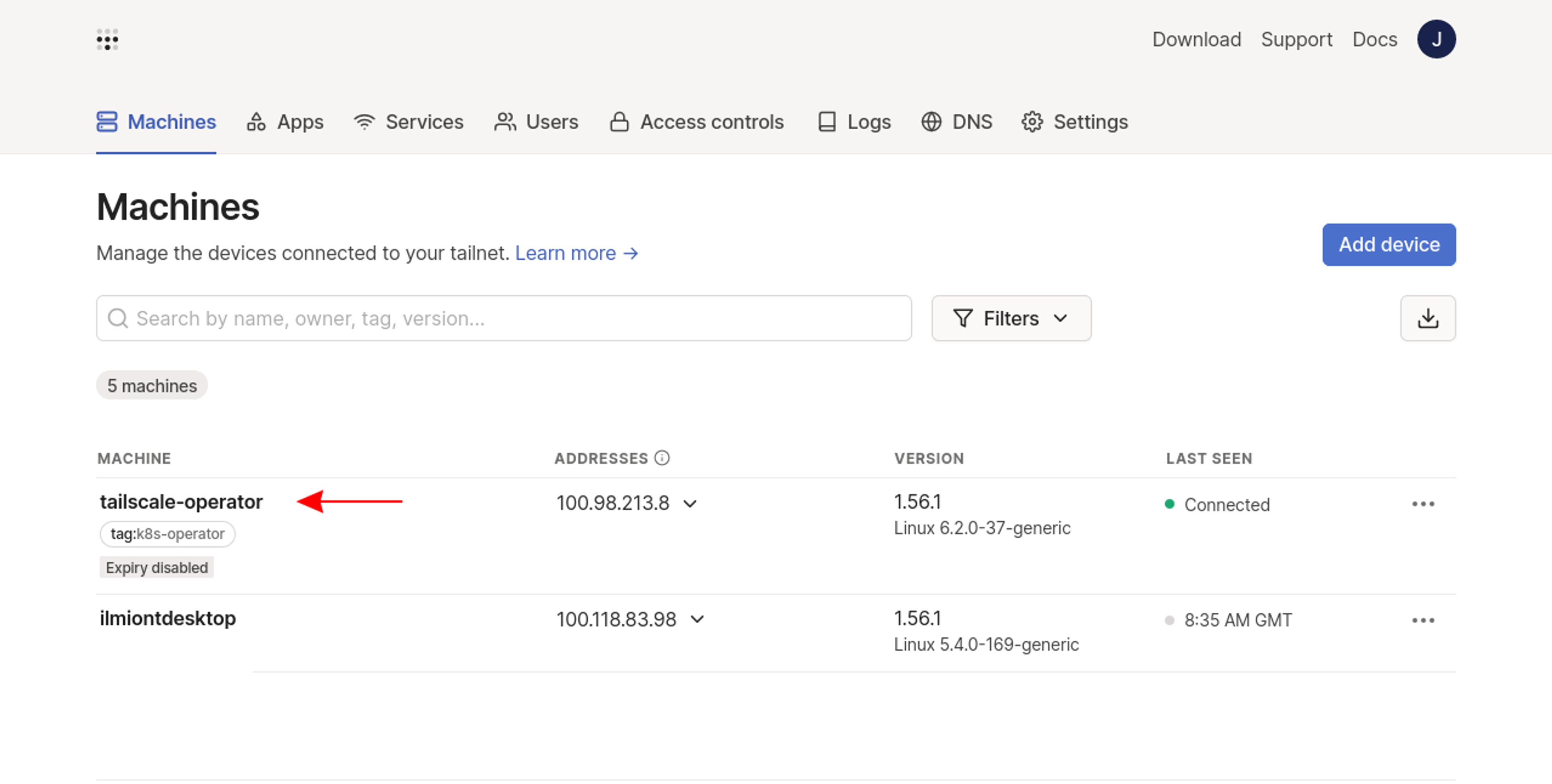 demo Kubernetes Operator installation registered in the author’s Tailscale account