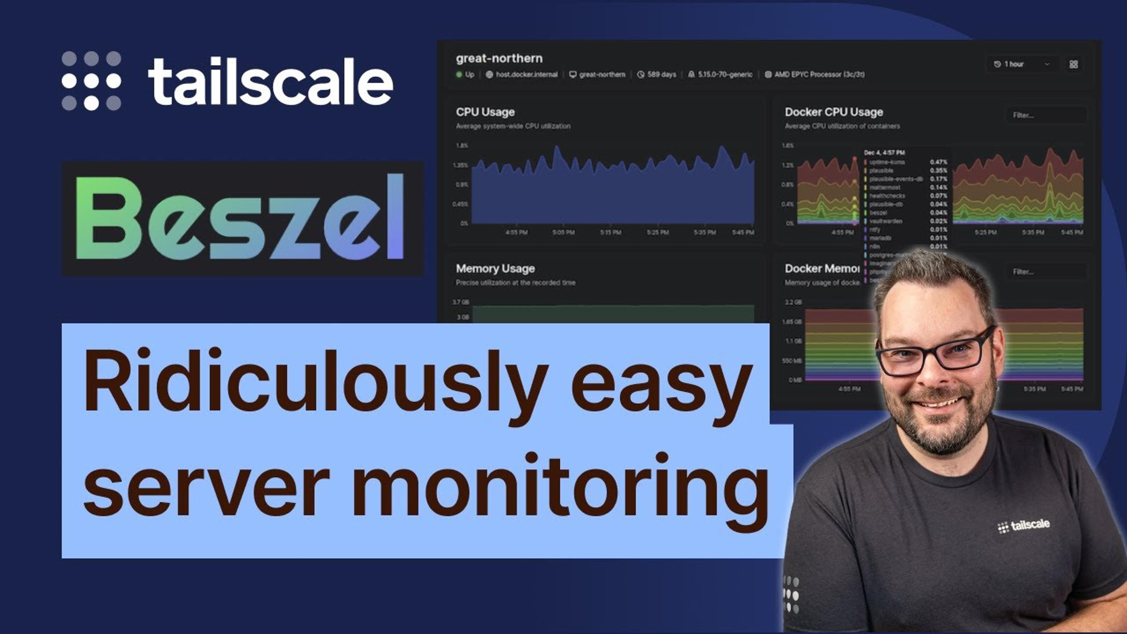 Thumbnail for the embedded video about Beszel, showing Alex in front of some graphs.