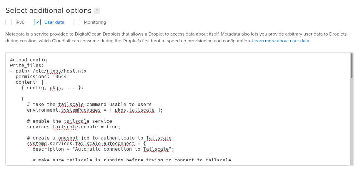 The droplet user data pasted into the user data field