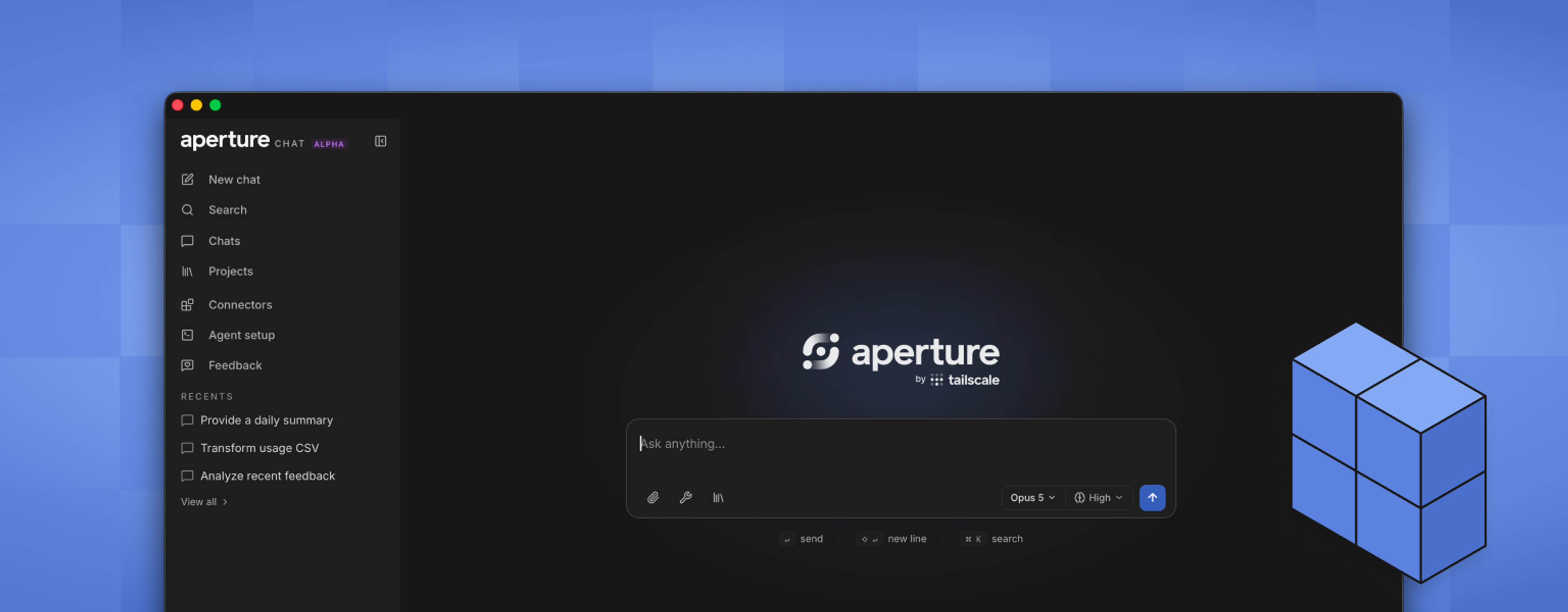 Aperture Chat interface by Tailscale showing dark-themed chat application with left sidebar containing navigation menu items including New chat, Search, Chats, Projects, Connectors, Agent setup, and Feedback. Main content area displays Aperture logo with tagline 'by Tailscale' and a text input field prompting 'Ask anything...' with Opus 5 model selected and High priority option visible.