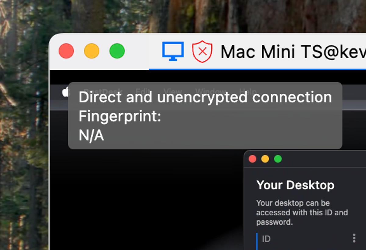 Info box on a RustDesk window reading "Direct and unencrypted connection."